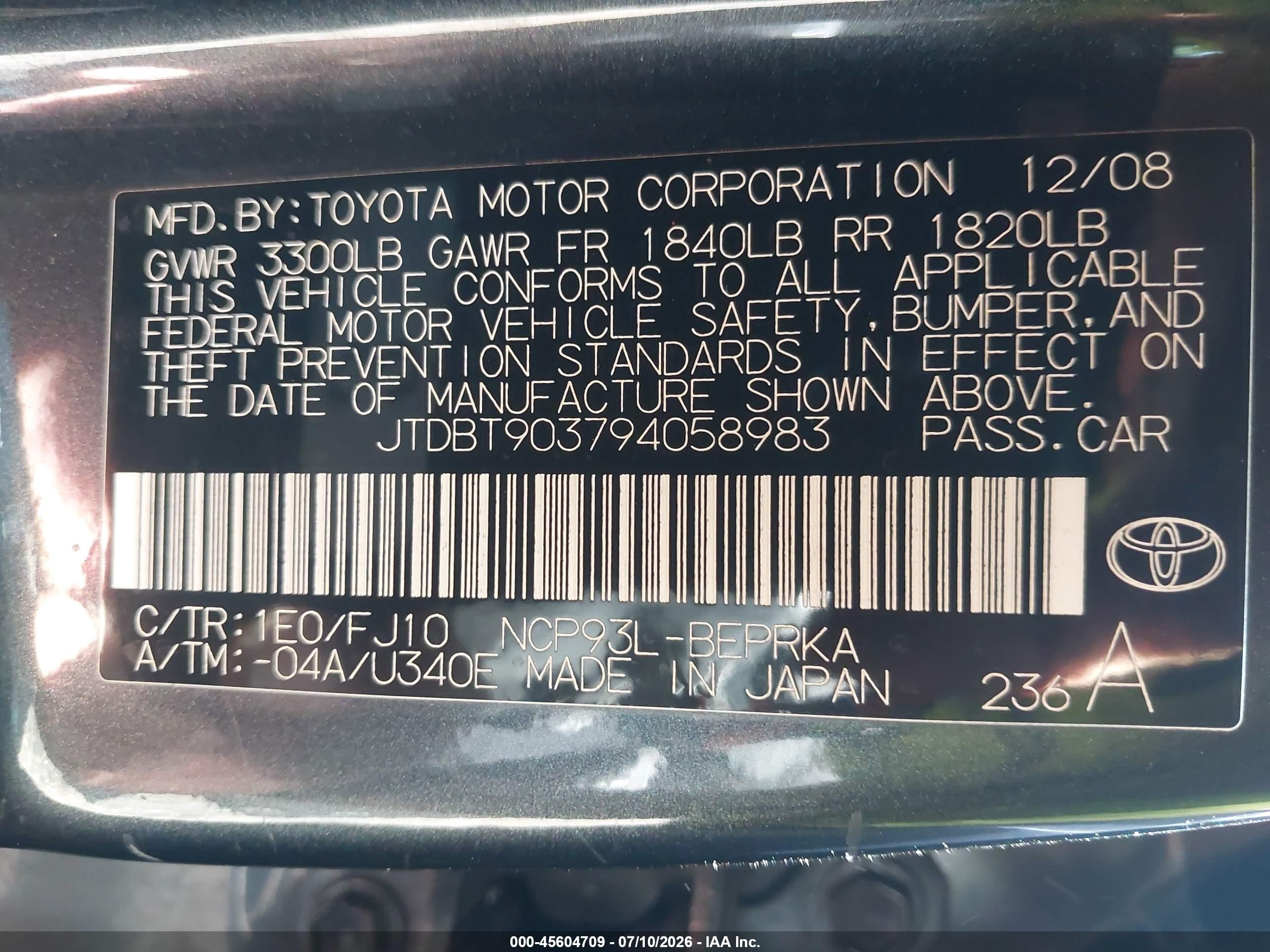 2009 Toyota Yaris   Gray vin: JTDBT903794058983