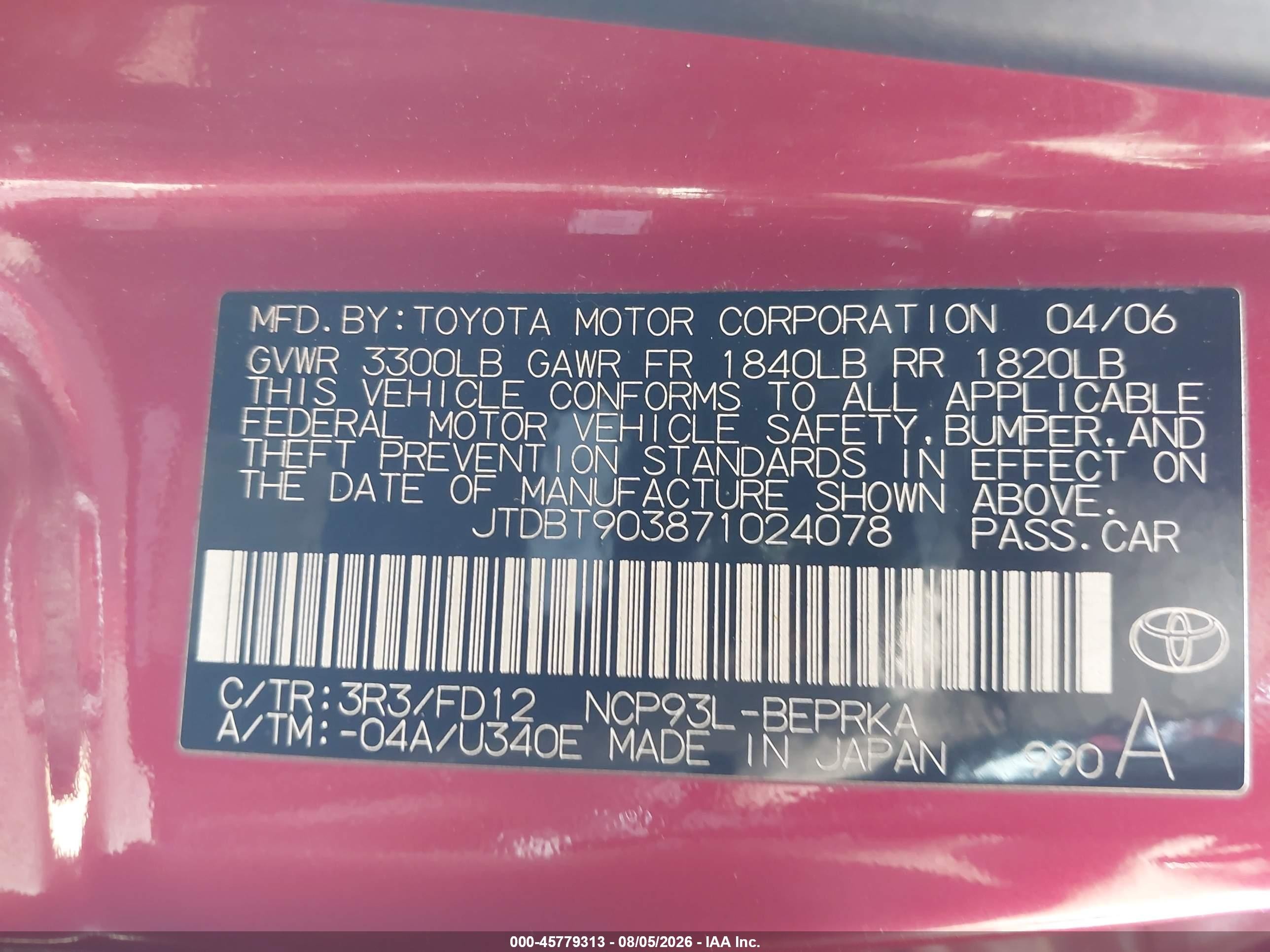 2007 Toyota Yaris S vin: JTDBT903871024078