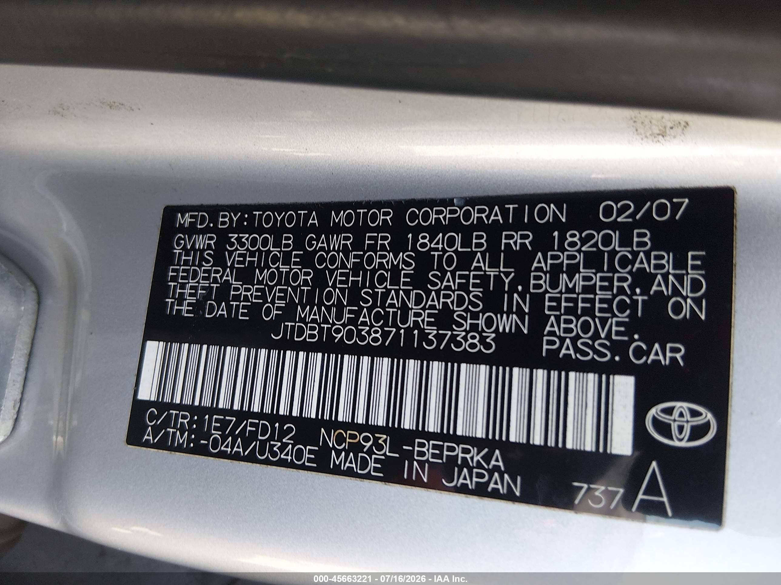 2007 Toyota Yaris S Silver vin: JTDBT903871137383