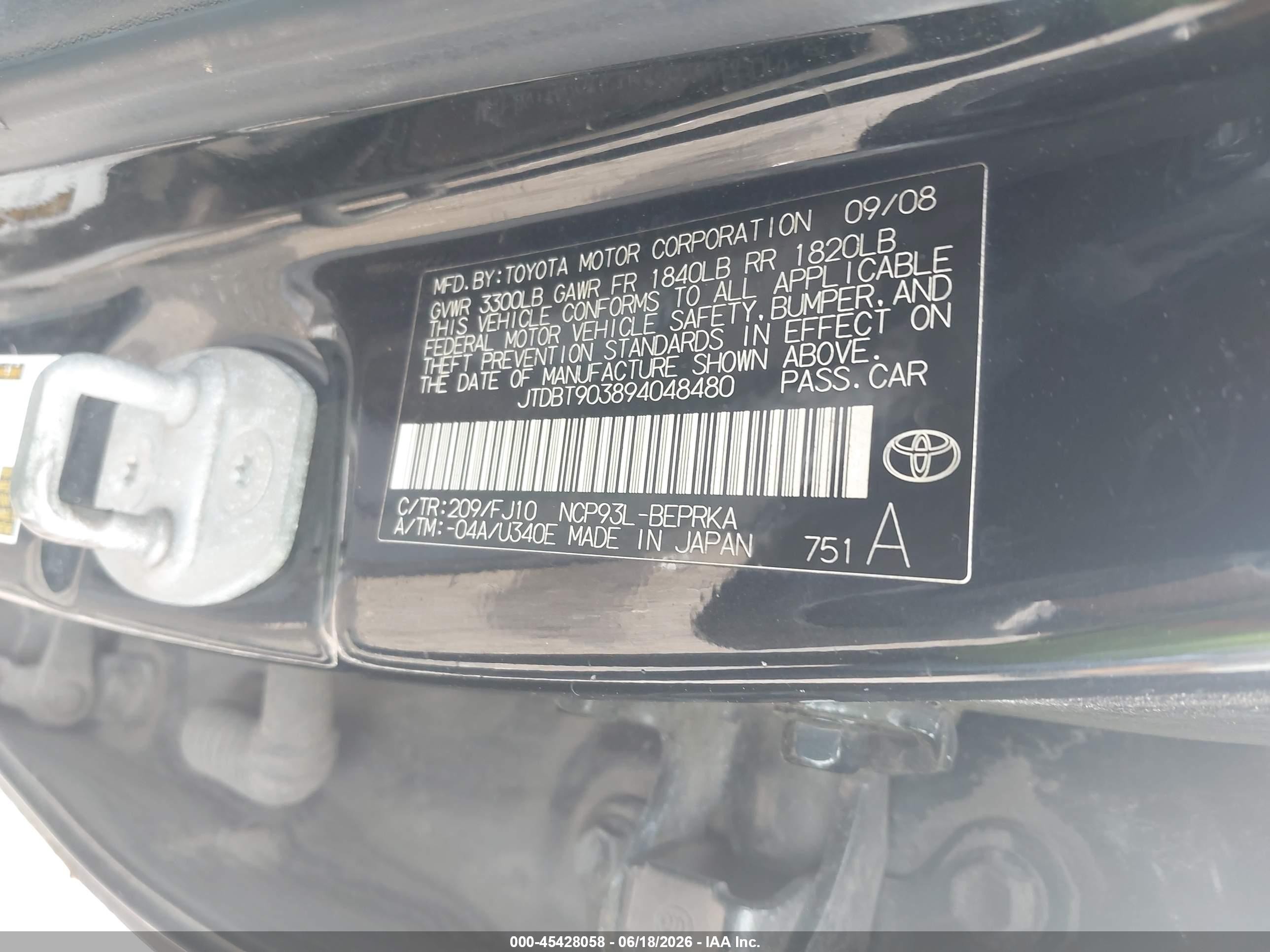 2009 Toyota Yaris   Black vin: JTDBT903894048480