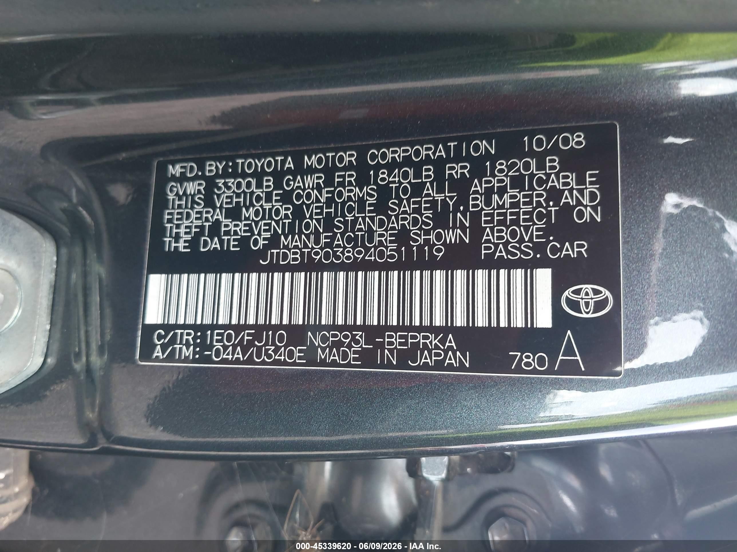 2009 Toyota Yaris   Gray vin: JTDBT903894051119