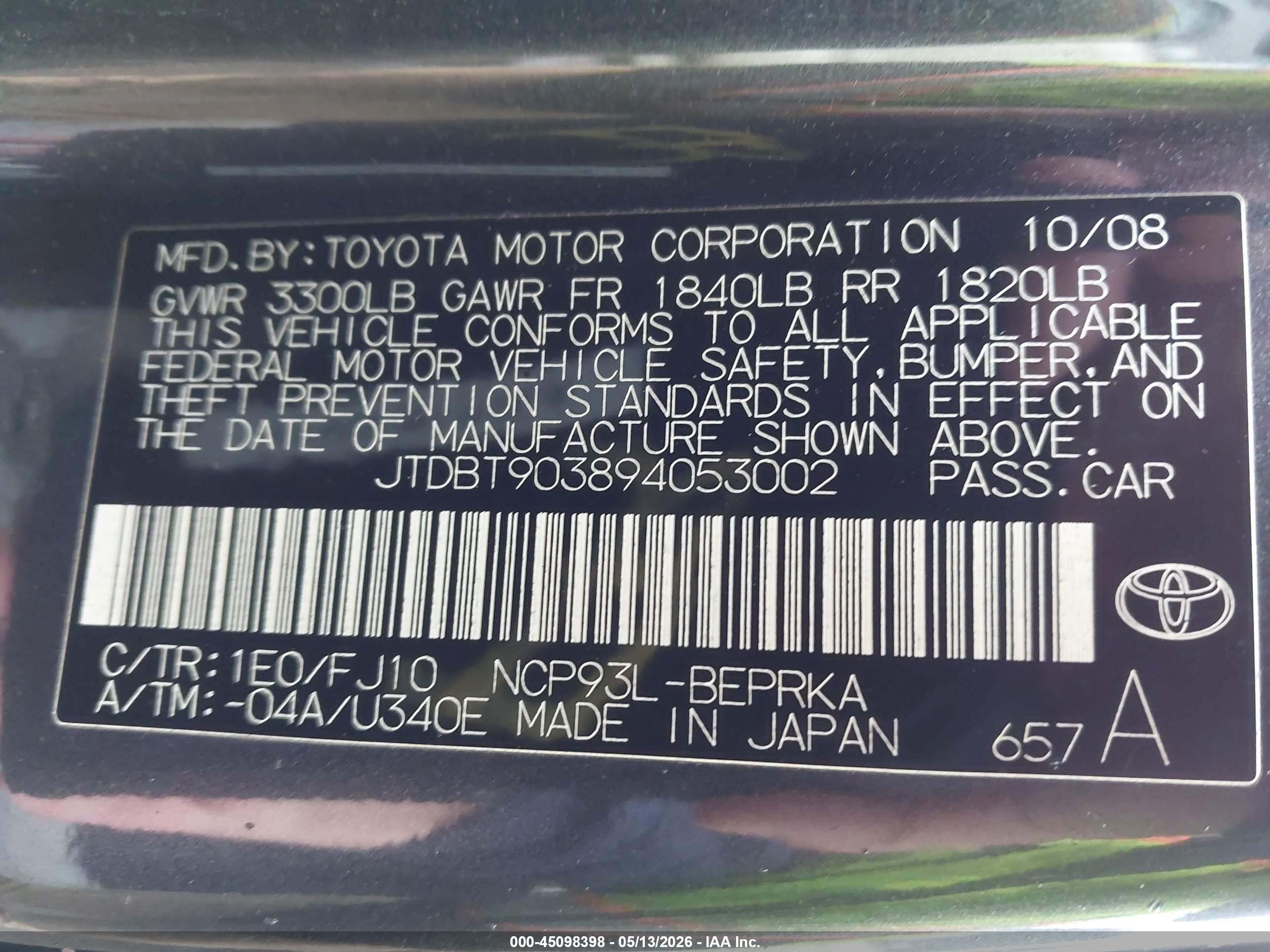 2009 Toyota Yaris   Gray vin: JTDBT903894053002