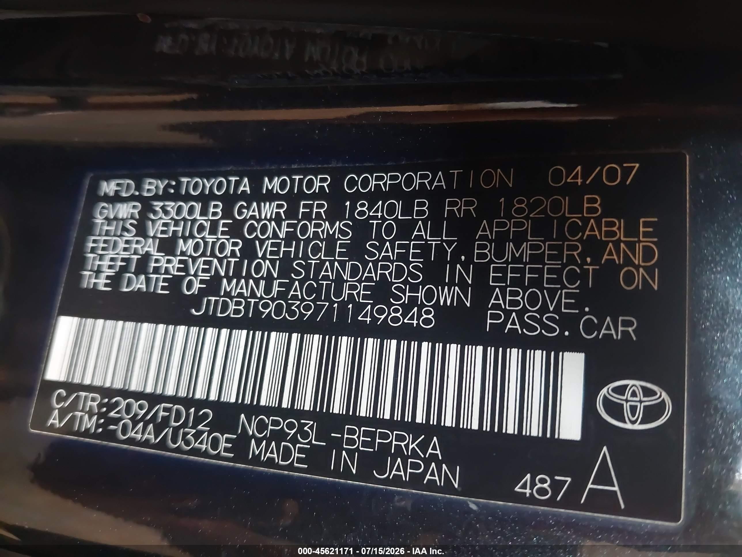 2007 Toyota Yaris   Black vin: JTDBT903971149848