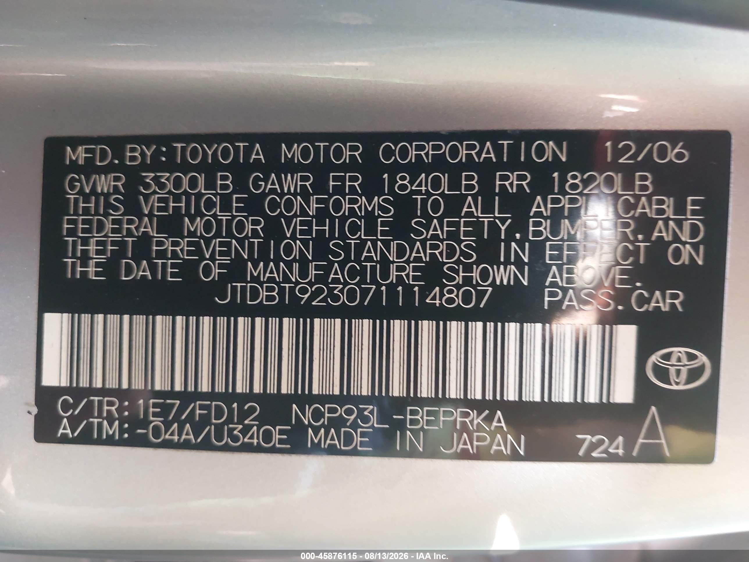 2007 Toyota Yaris   Silver vin: JTDBT923071114807
