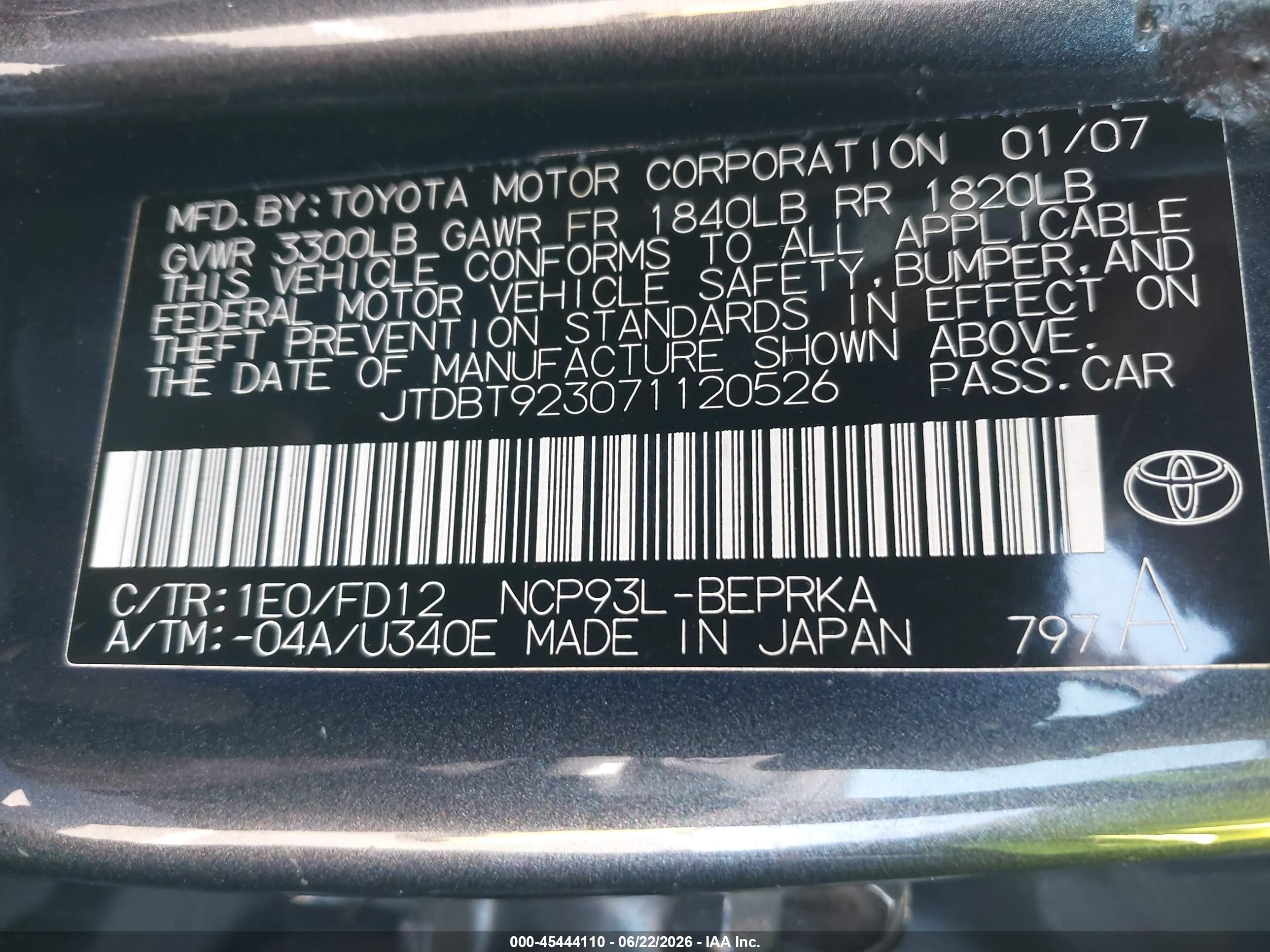 2007 Toyota Yaris   Gray vin: JTDBT923071120526