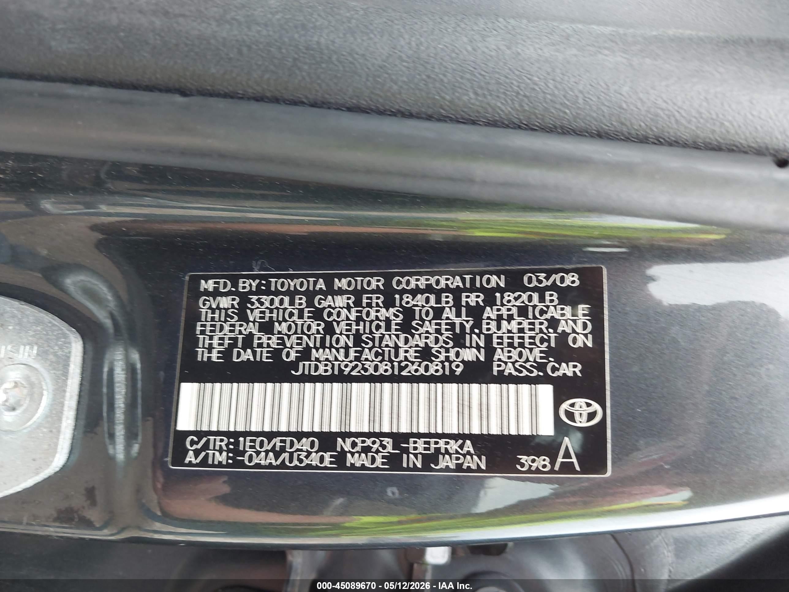 2008 Toyota Yaris   Gray vin: JTDBT923081260819