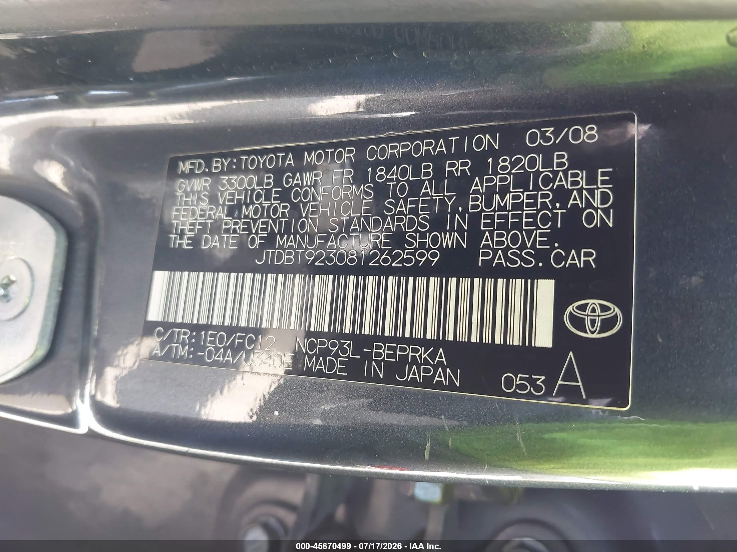 2008 Toyota Yaris   Gray vin: JTDBT923081262599