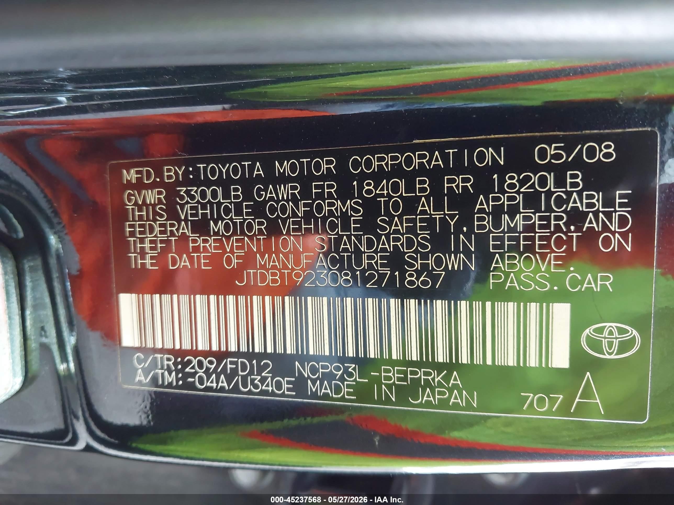 2008 Toyota Yaris   Black vin: JTDBT923081271867