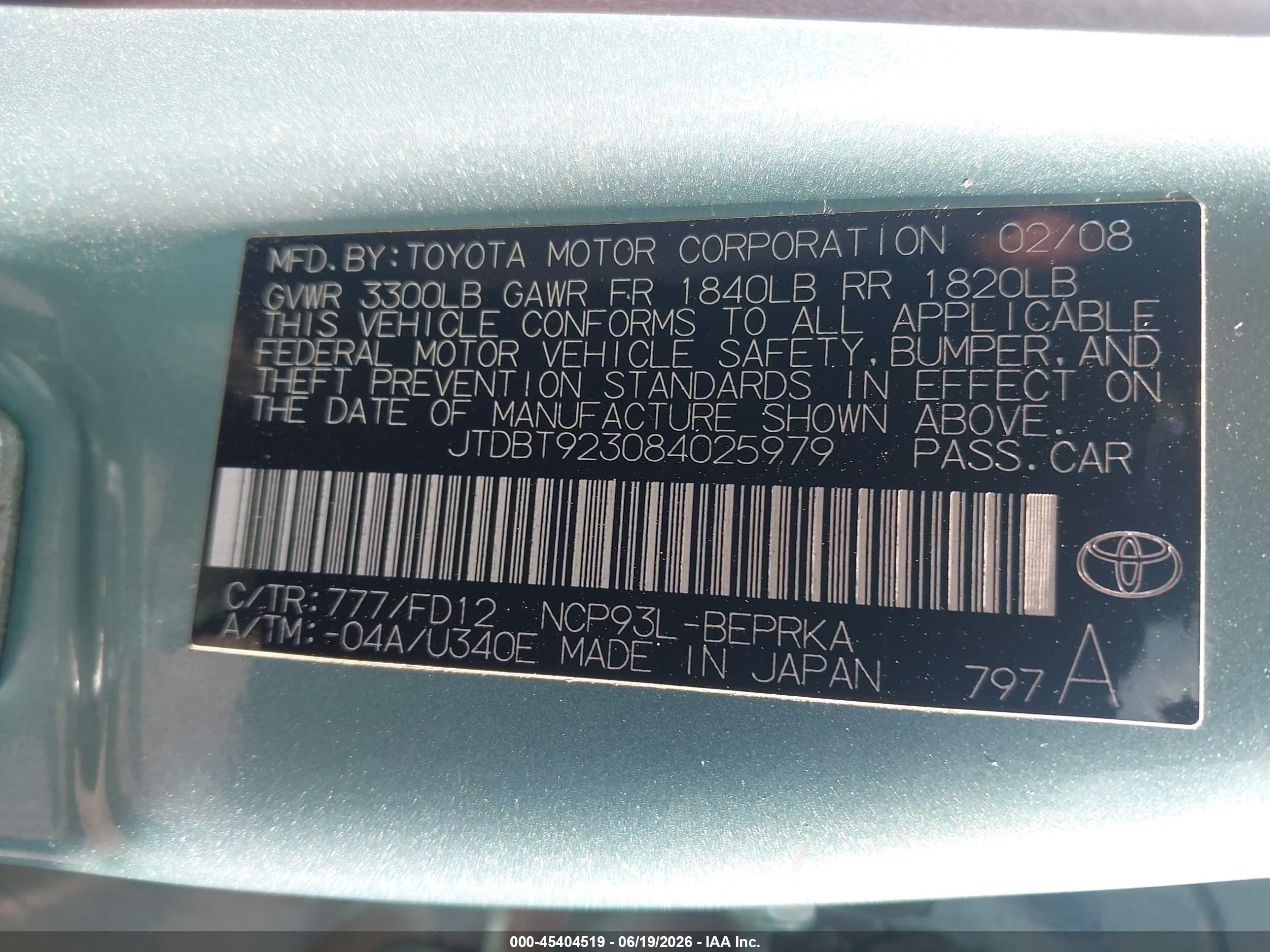 2008 Toyota Yaris   Green vin: JTDBT923084025979