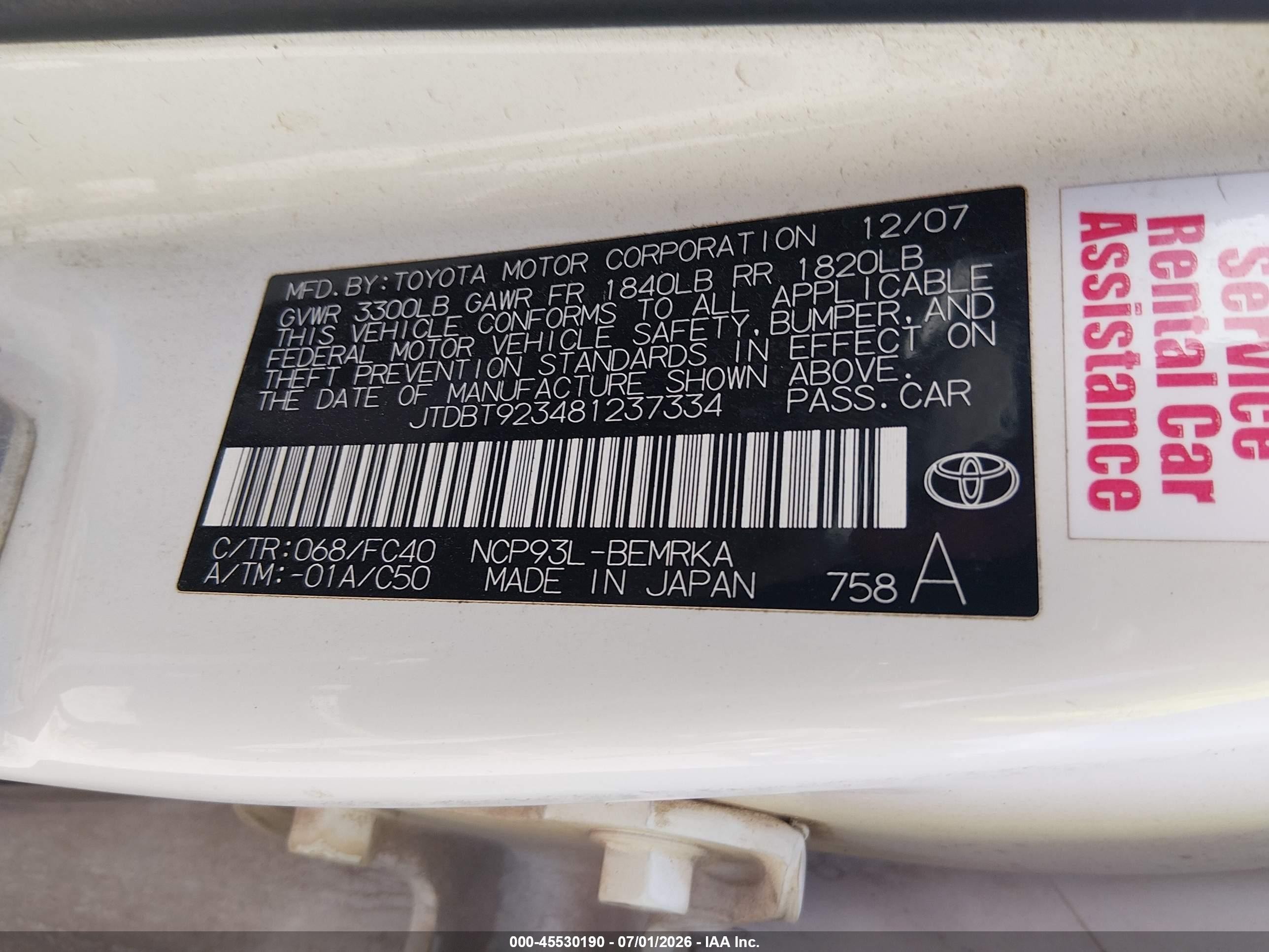 2008 Toyota Yaris   White vin: JTDBT923481237334