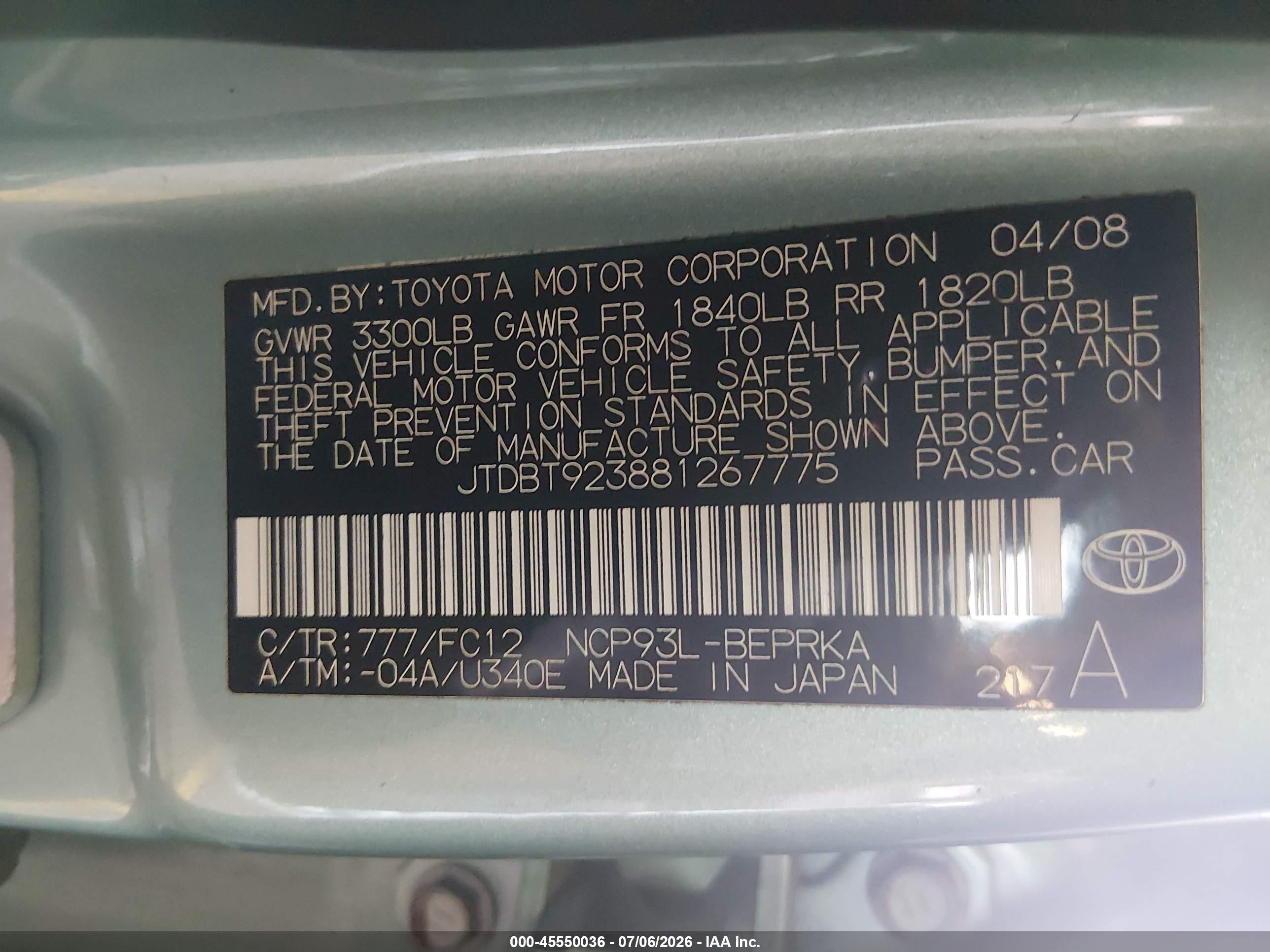 2008 Toyota Yaris   Light Blue vin: JTDBT923881267775