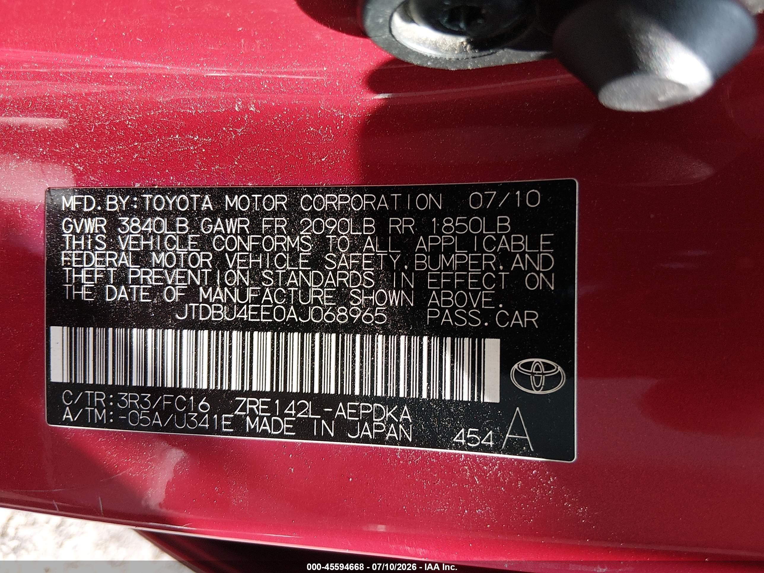 2010 Toyota Corolla Le Red vin: JTDBU4EE0AJ068965