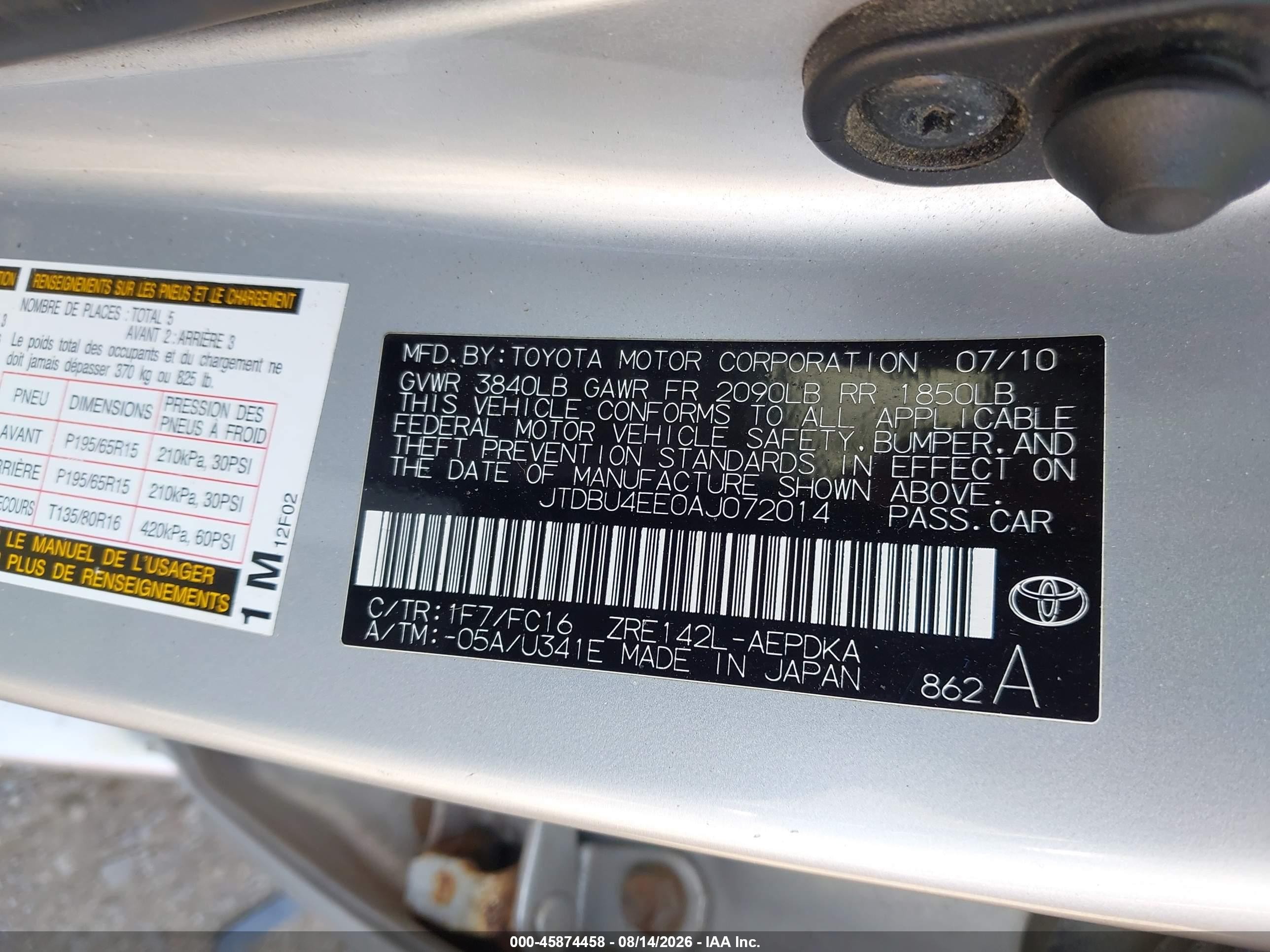 2010 Toyota Corolla Le Silver vin: JTDBU4EE0AJ072014