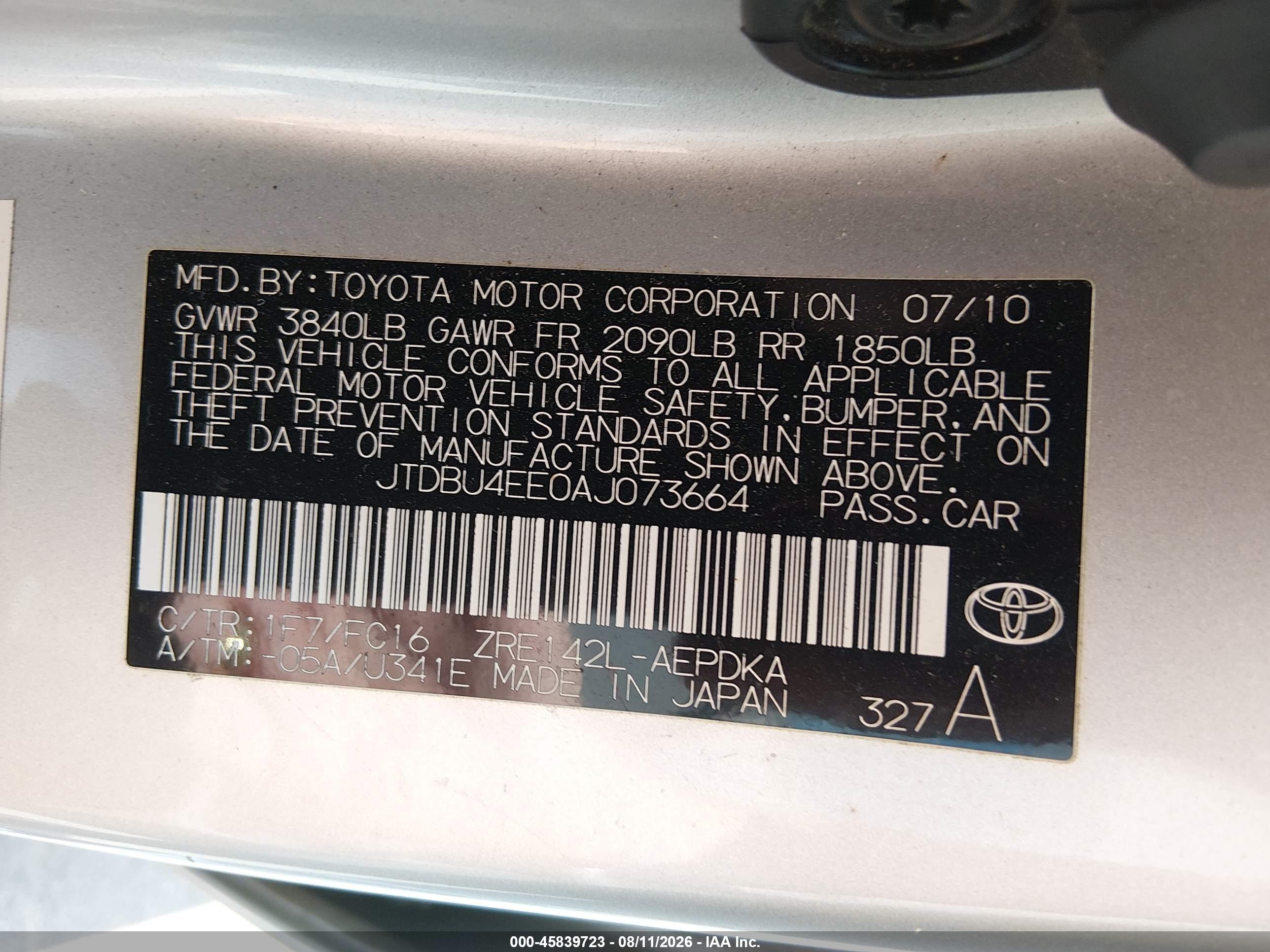 2010 Toyota Corolla Le Silver vin: JTDBU4EE0AJ073664