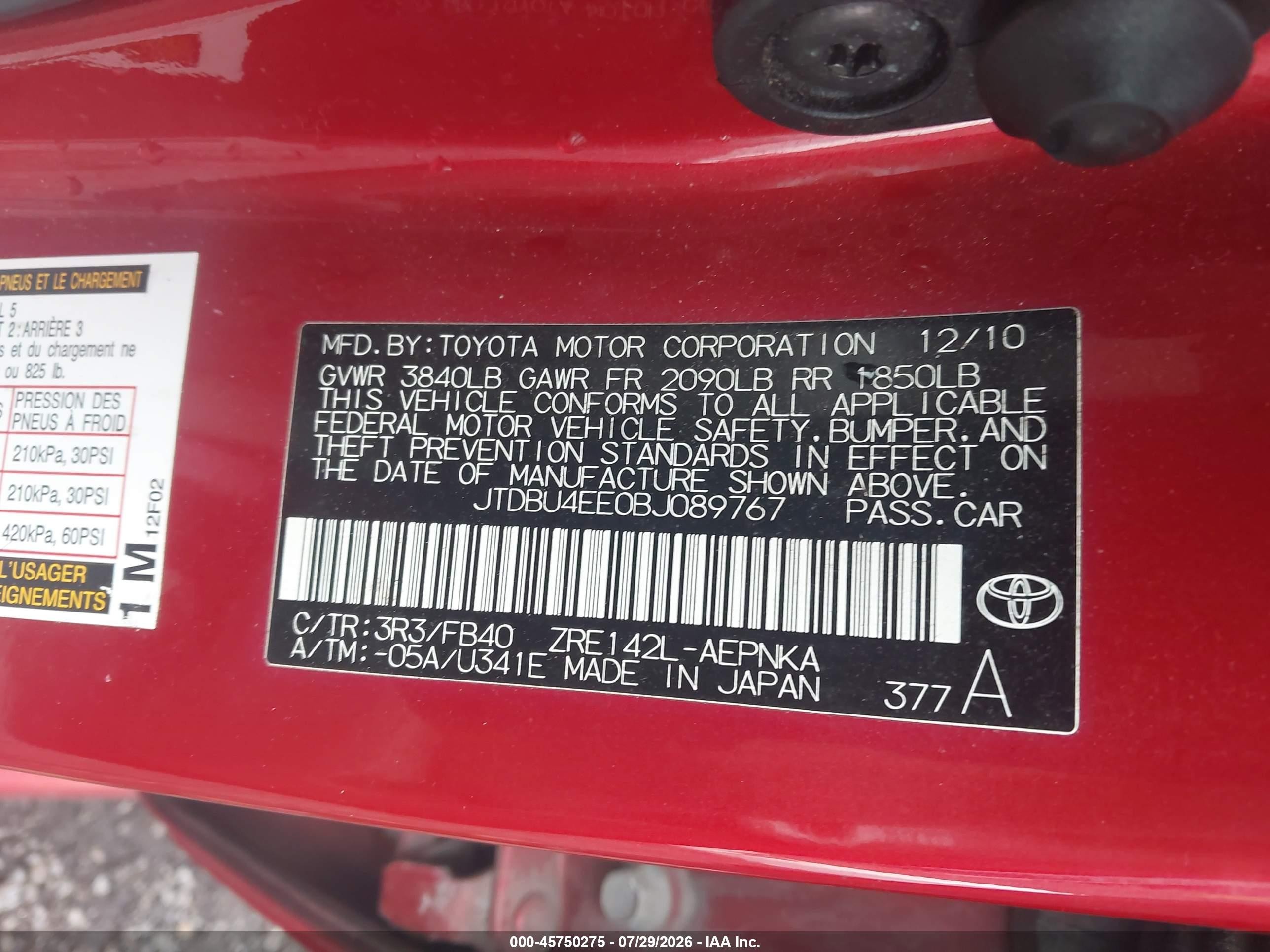 2011 Toyota Corolla Le Red vin: JTDBU4EE0BJ089767