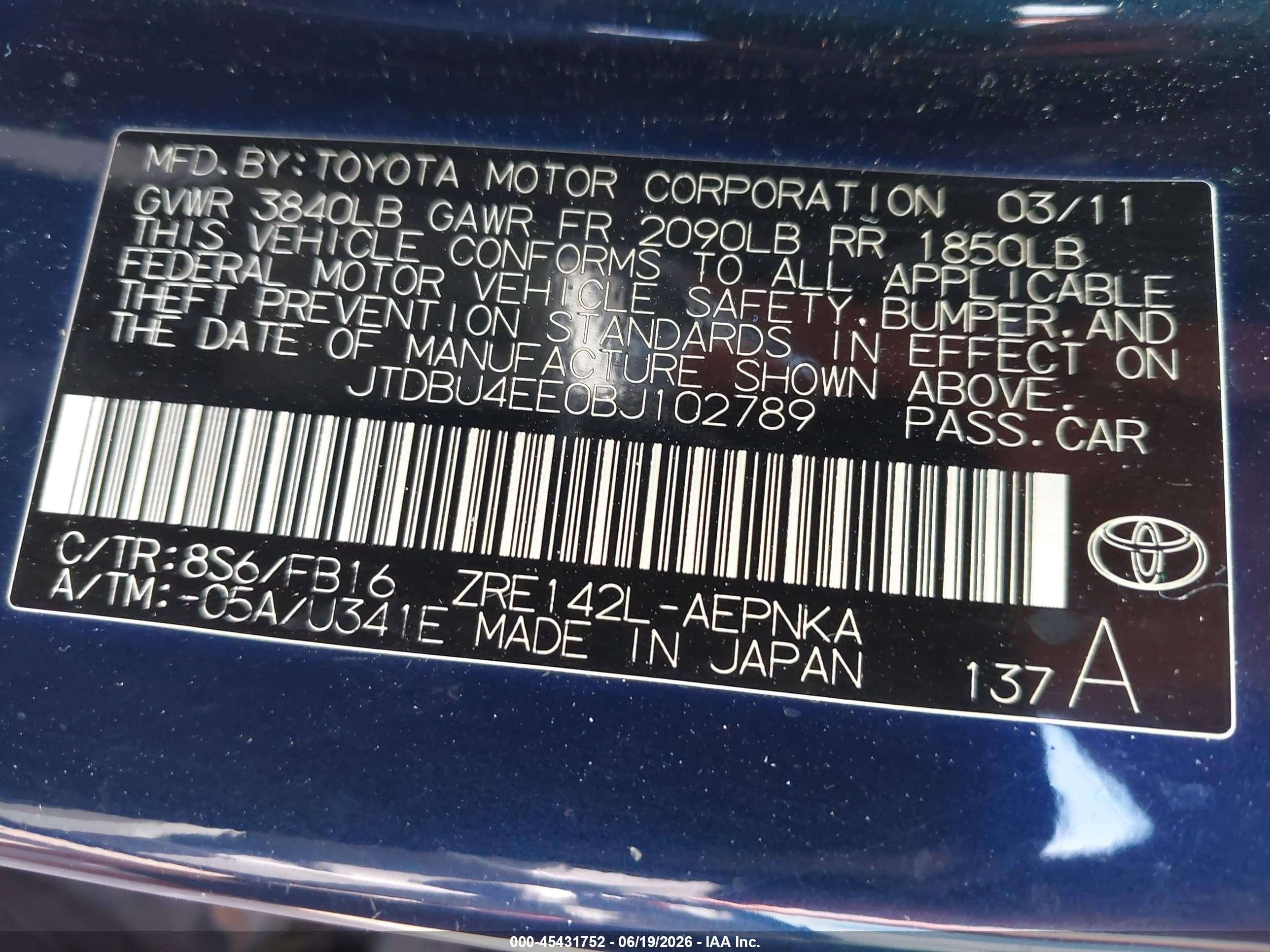 2011 Toyota Corolla Le Blue vin: JTDBU4EE0BJ102789