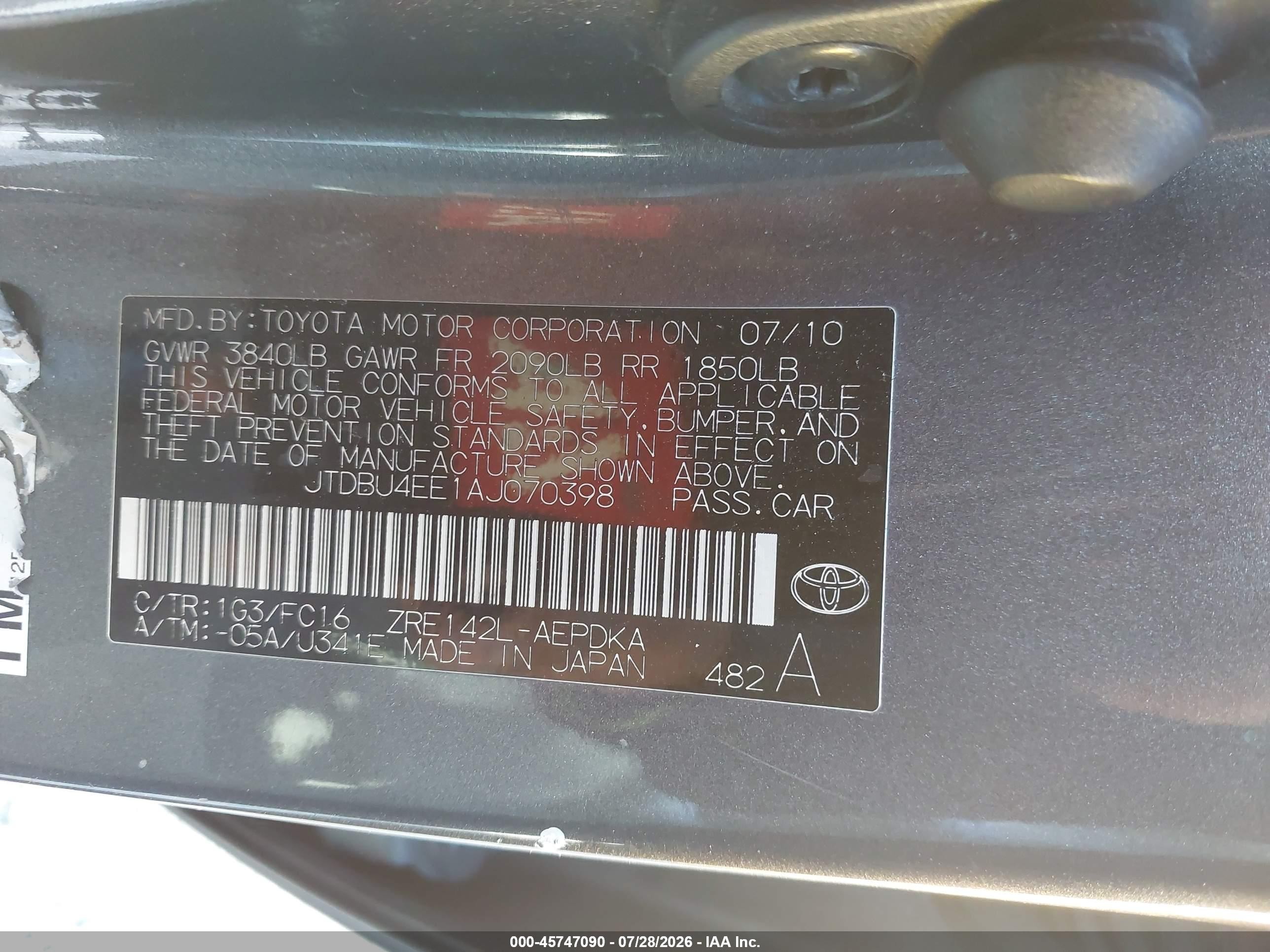 2010 Toyota Corolla Le Gray vin: JTDBU4EE1AJ070398
