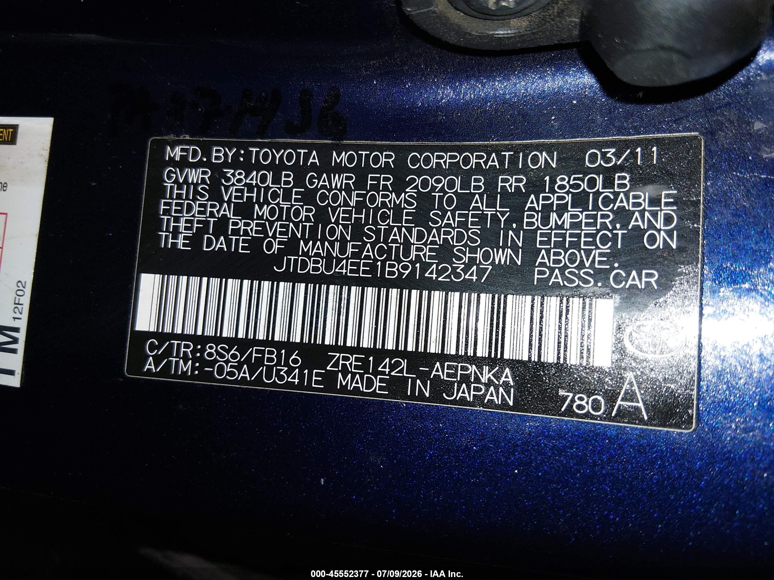 2011 Toyota Corolla Le Blue vin: JTDBU4EE1B9142347