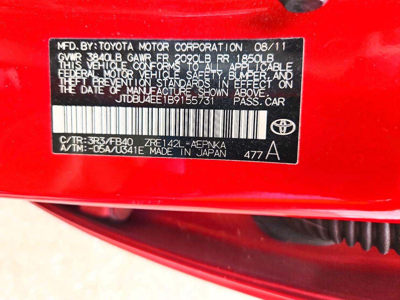 2011 Toyota Corolla Le Red vin: JTDBU4EE1B9155731