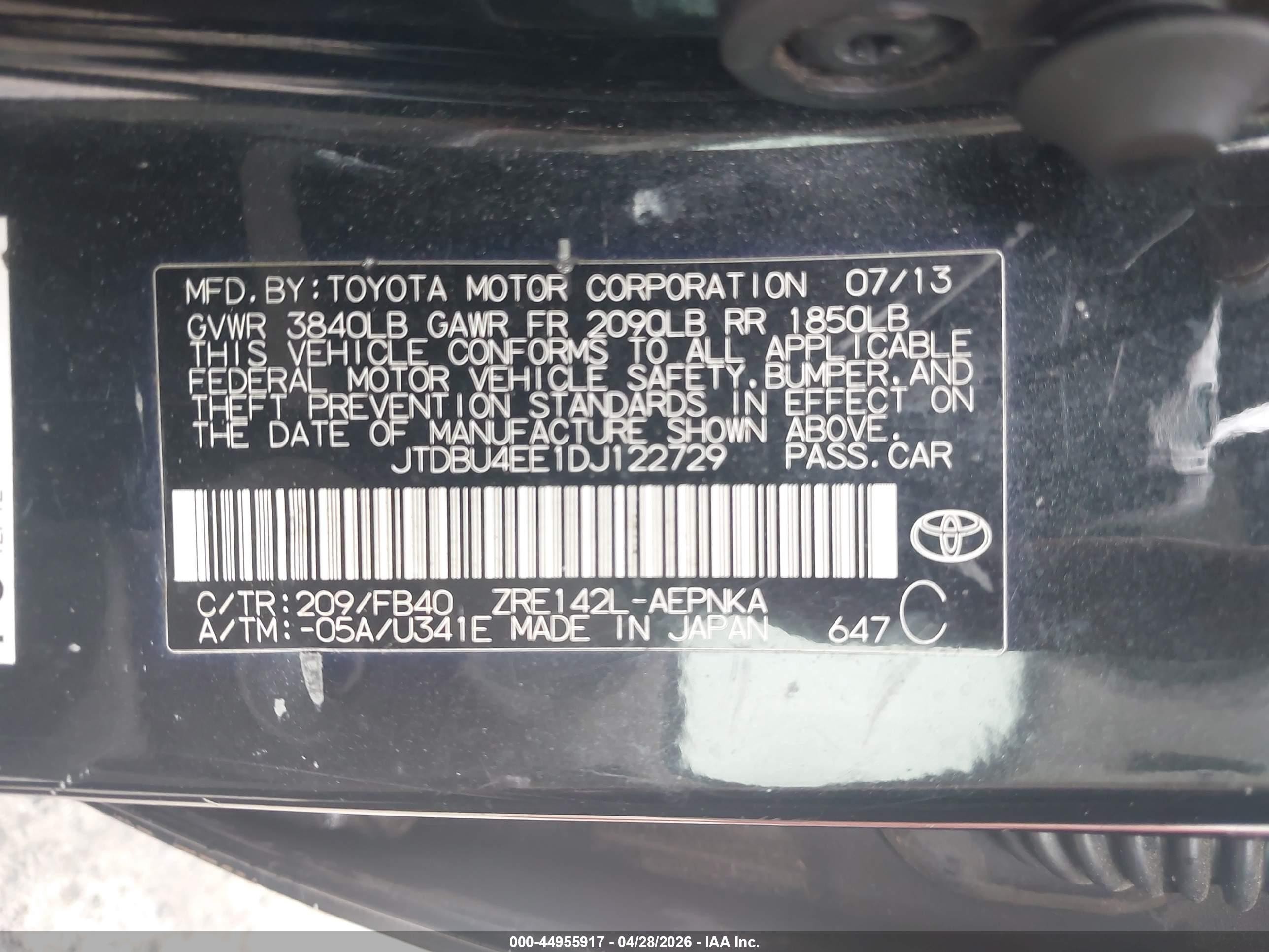 2013 Toyota Corolla Le Black vin: JTDBU4EE1DJ122729