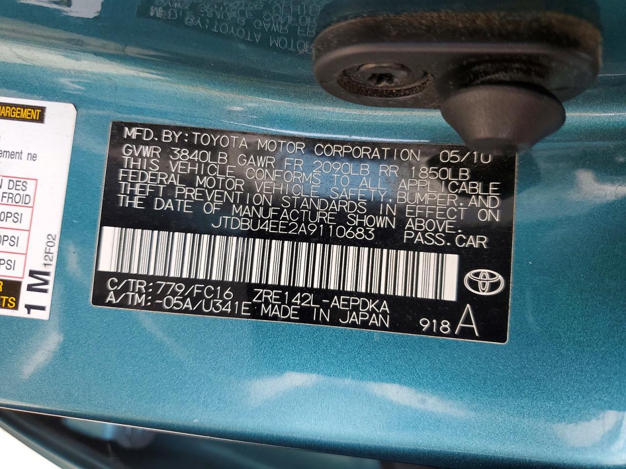 2010 Toyota Corolla Le Teal vin: JTDBU4EE2A9110683
