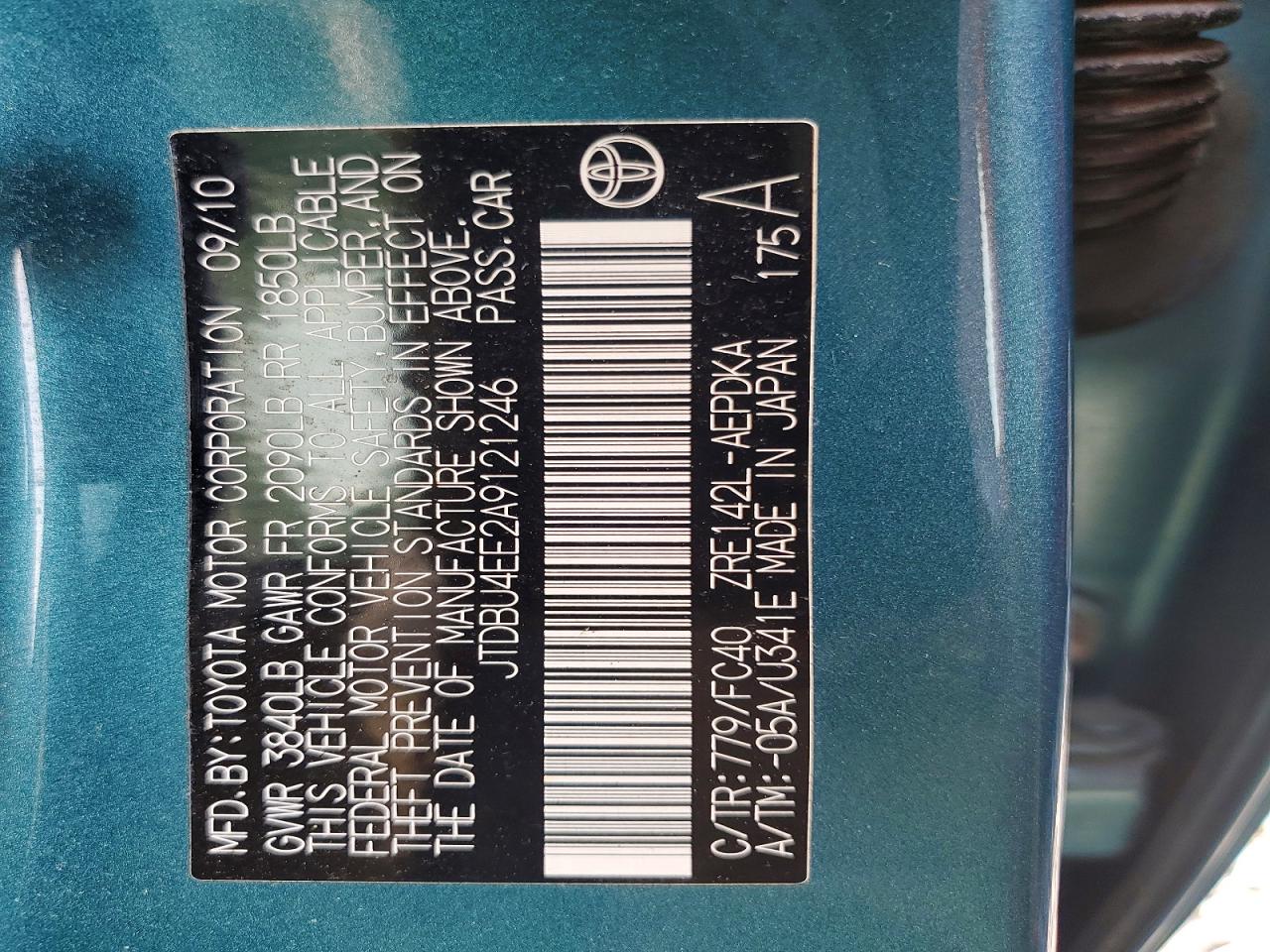 2010 Toyota Corolla Le Teal vin: JTDBU4EE2A9121246