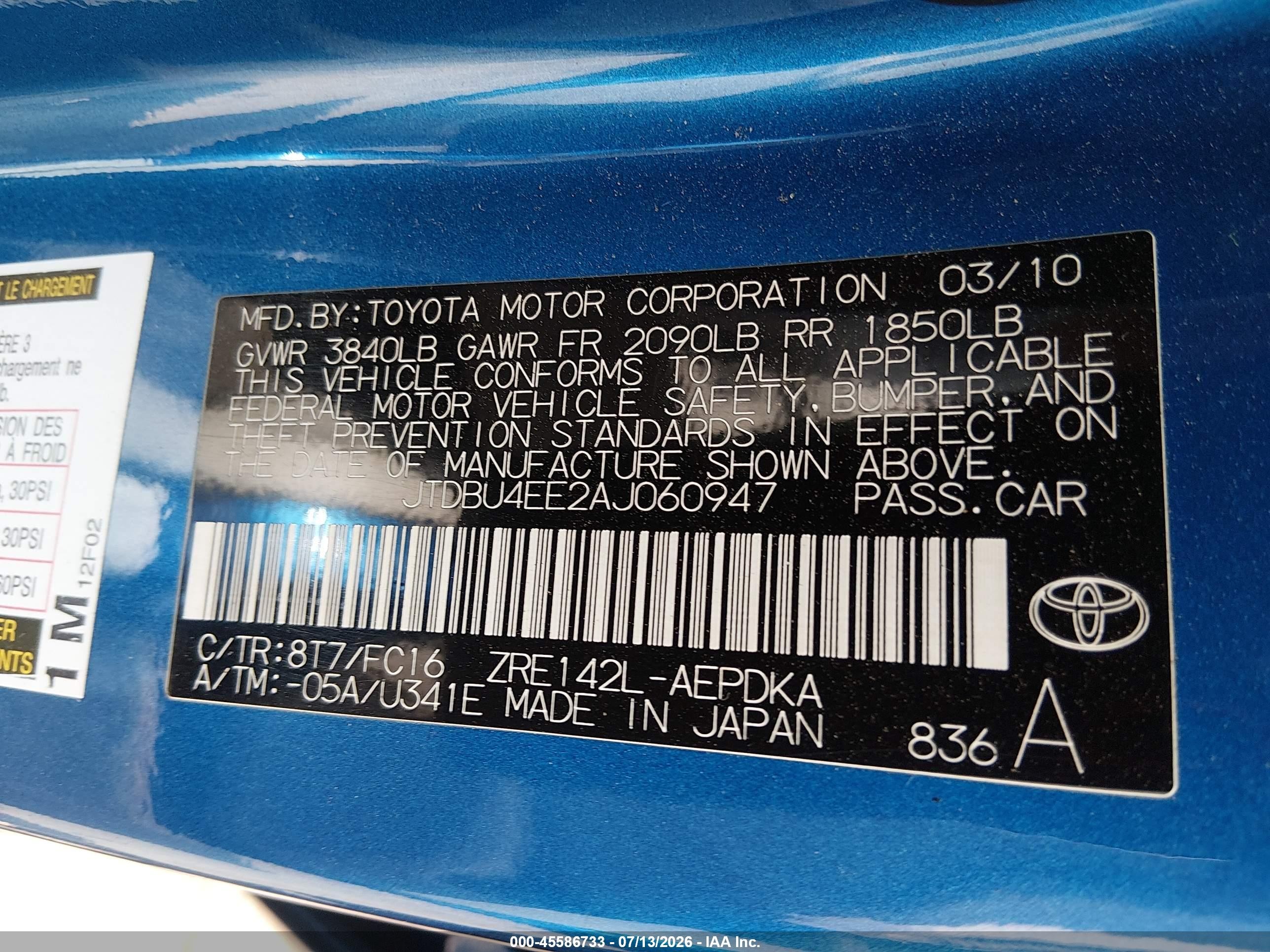 2010 Toyota Corolla Le Blue vin: JTDBU4EE2AJ060947