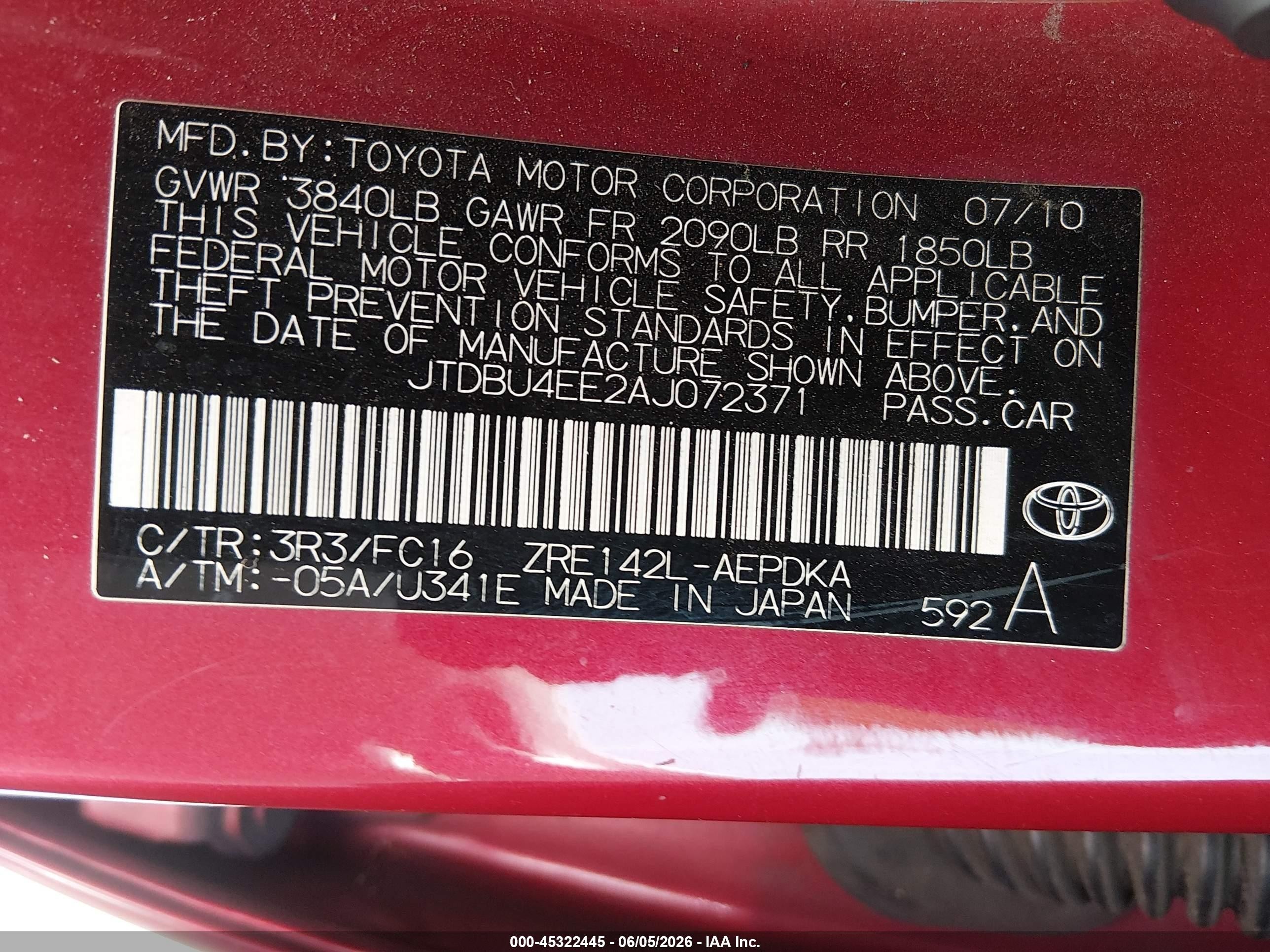 2010 Toyota Corolla Le Красный vin: JTDBU4EE2AJ072371