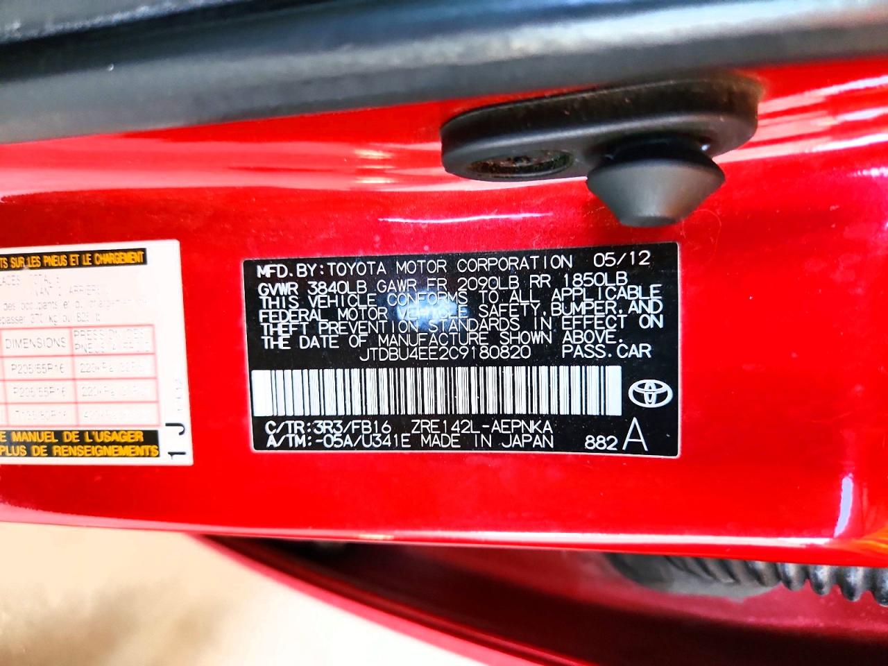 2012 Toyota Corolla Le Red vin: JTDBU4EE2C9180820