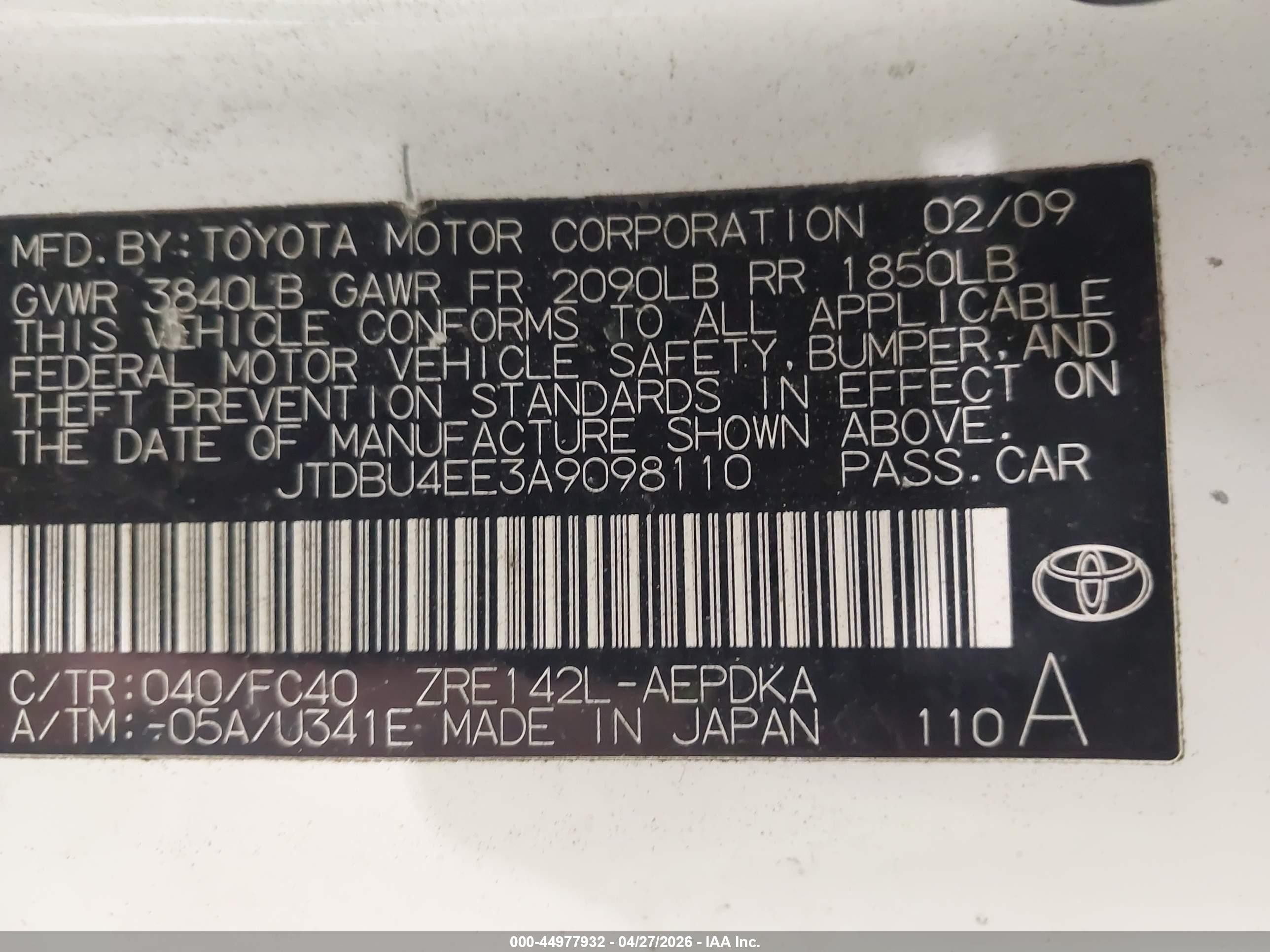 2010 Toyota Corolla Le White vin: JTDBU4EE3A9098110