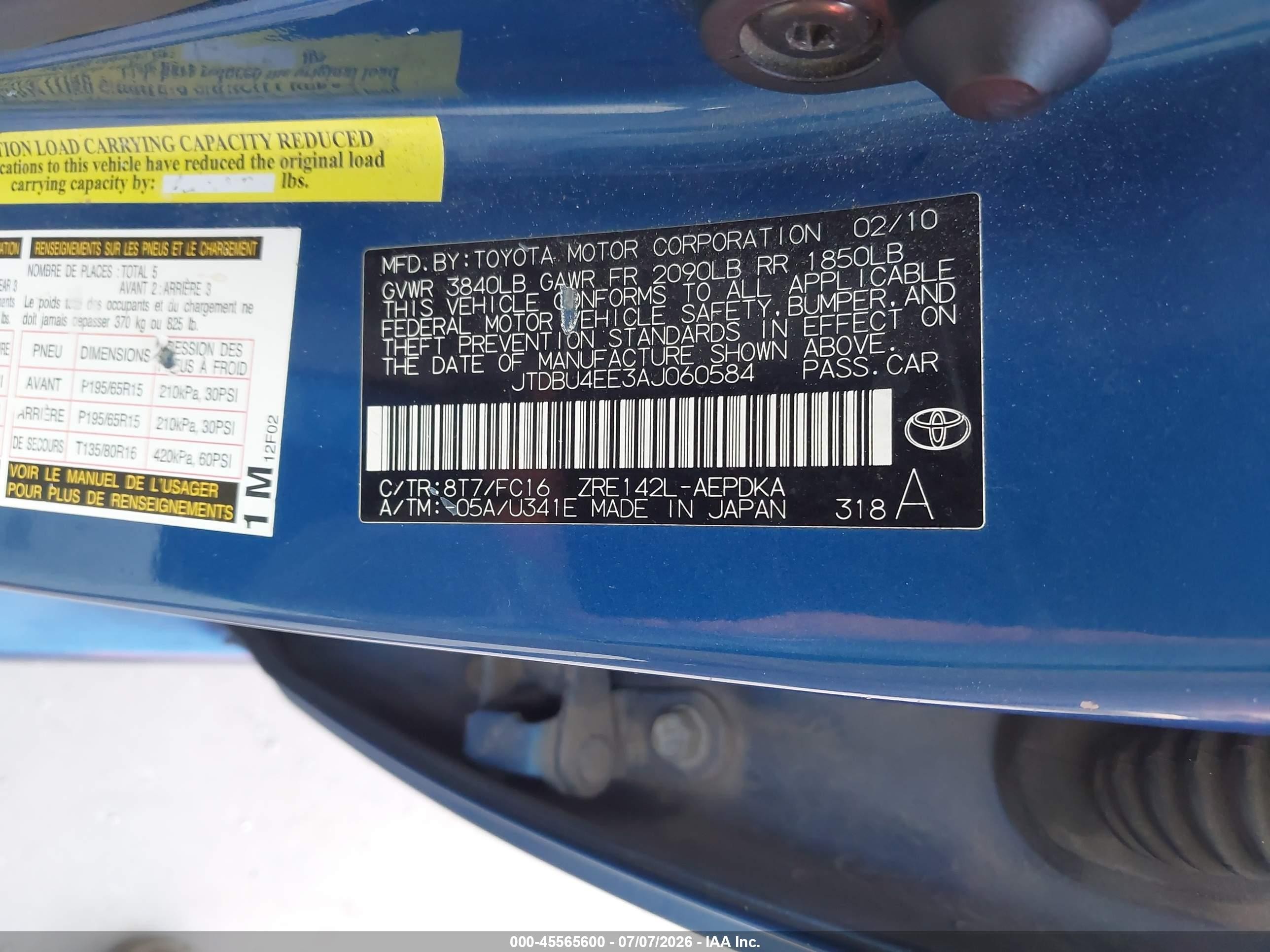 2010 Toyota Corolla Le Blue vin: JTDBU4EE3AJ060584