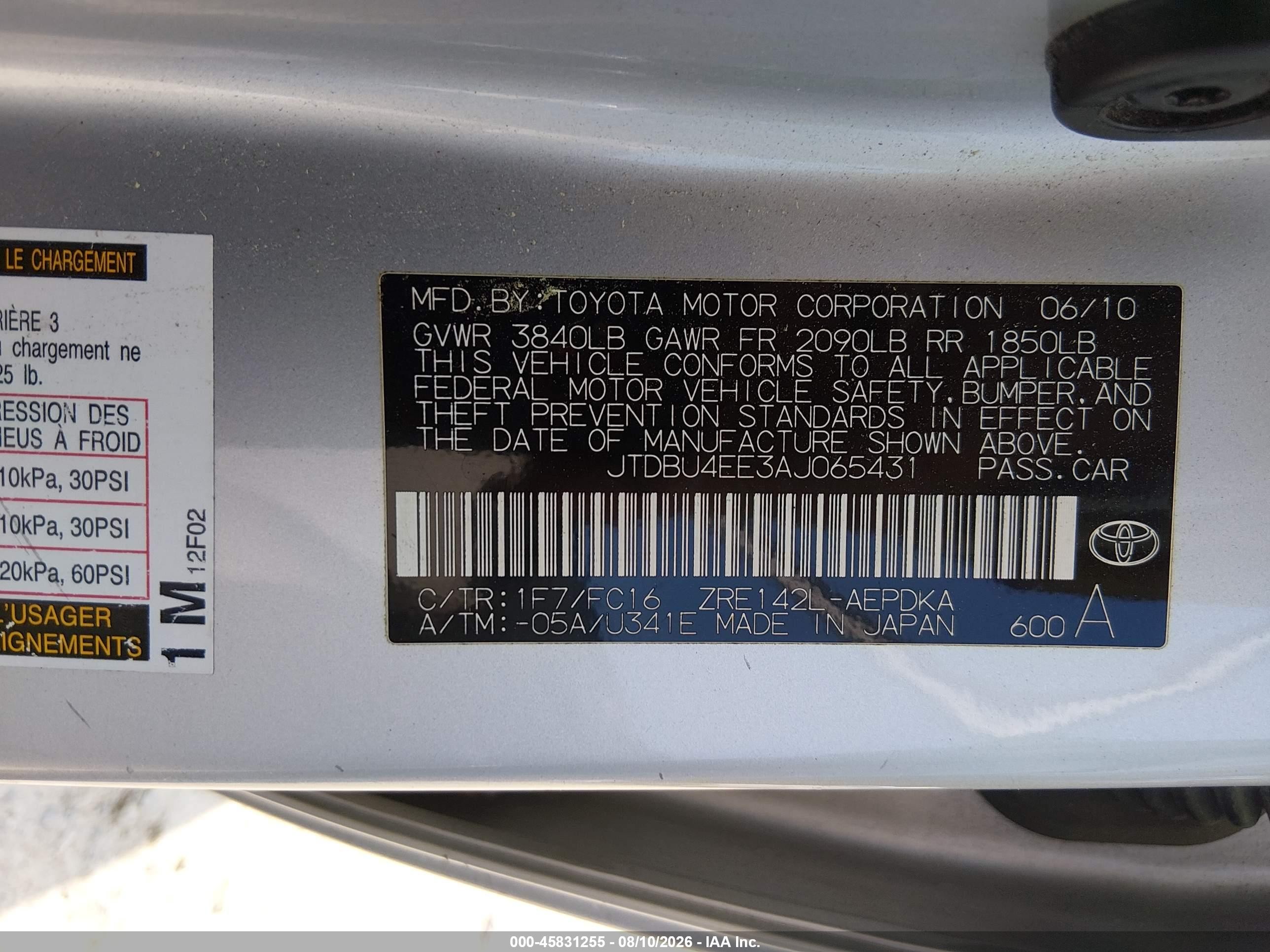 2010 Toyota Corolla Le Silver vin: JTDBU4EE3AJ065431