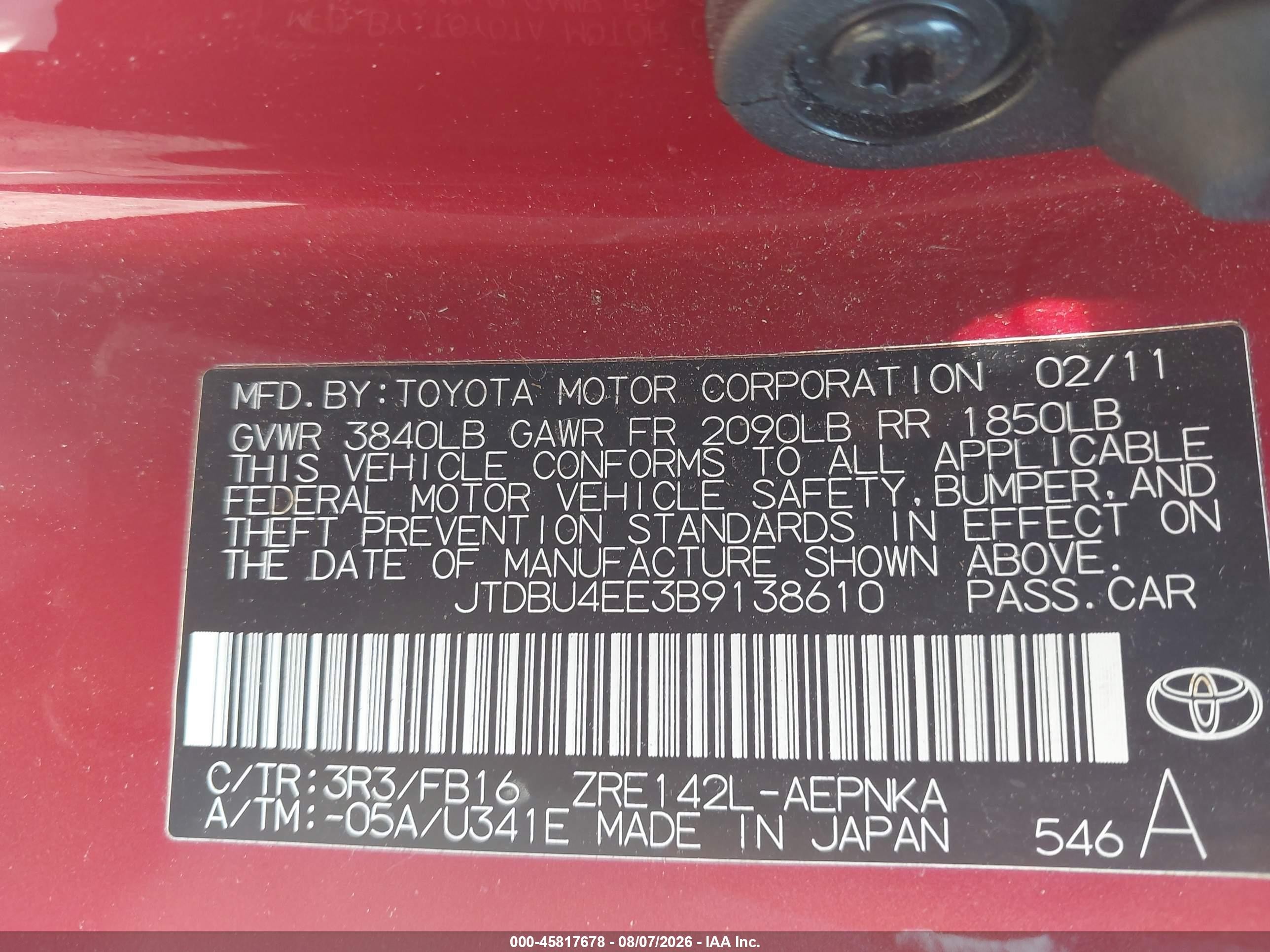 2011 Toyota Corolla Le Red vin: JTDBU4EE3B9138610