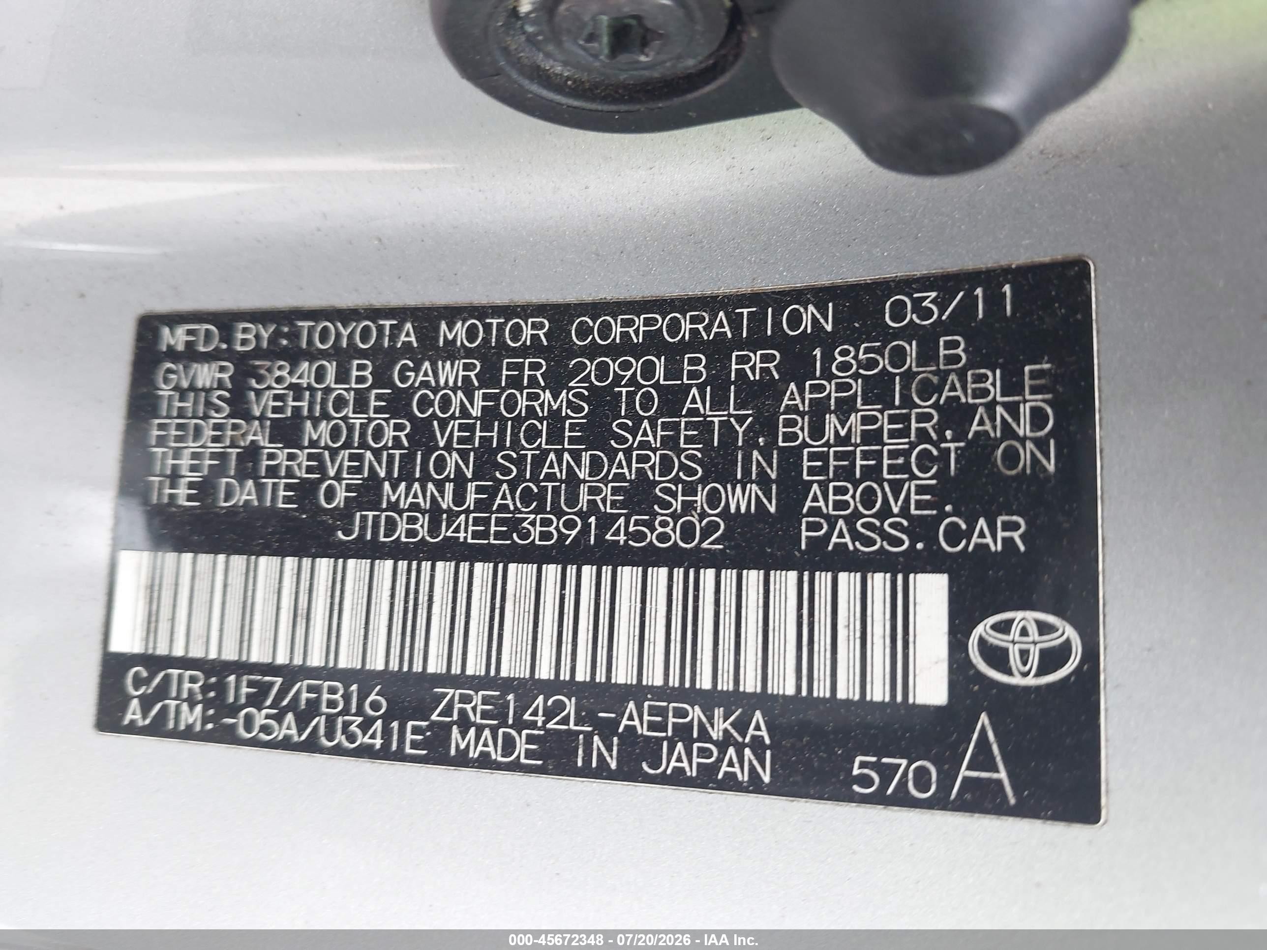 2011 Toyota Corolla Le Silver vin: JTDBU4EE3B9145802
