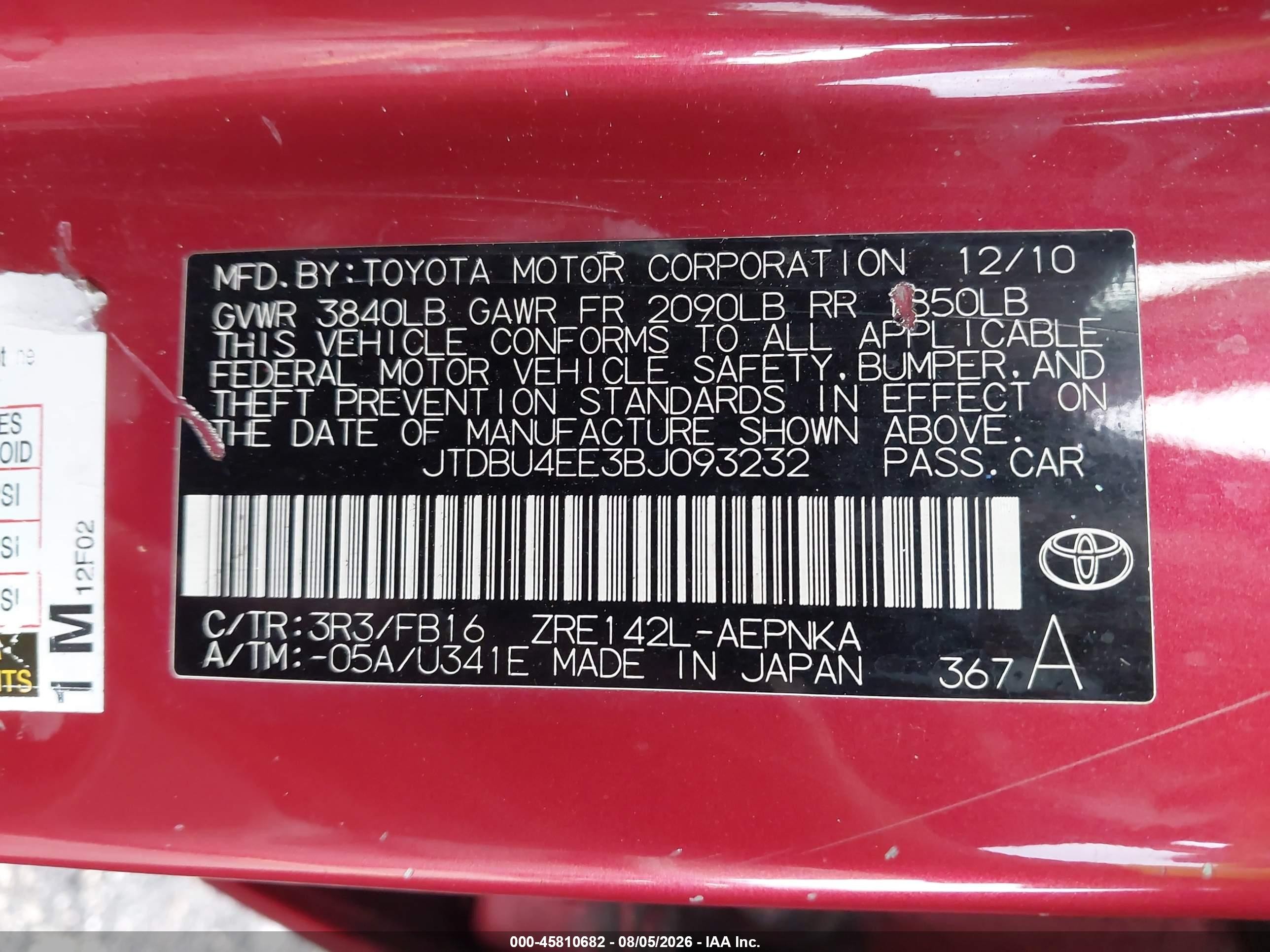 2011 Toyota Corolla Le Red vin: JTDBU4EE3BJ093232