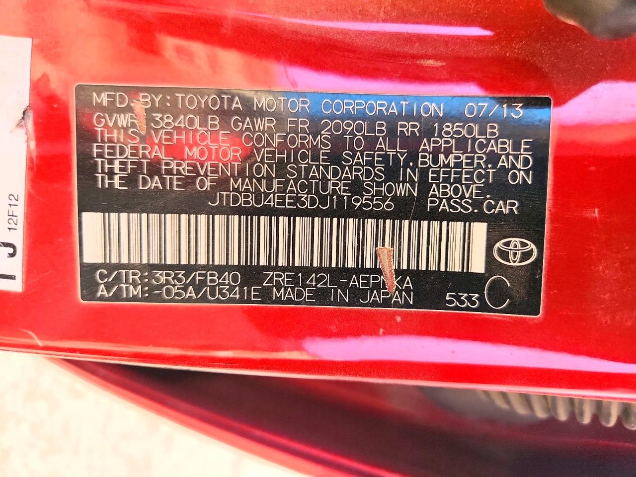 2013 Toyota Corolla Le Red vin: JTDBU4EE3DJ119556