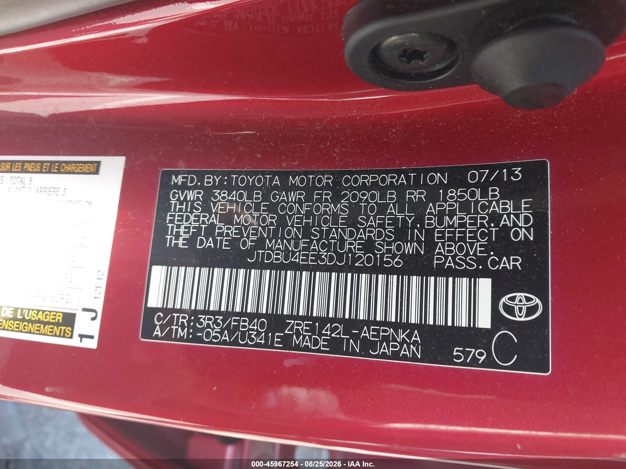 2013 Toyota Corolla Le Burgundy vin: JTDBU4EE3DJ120156