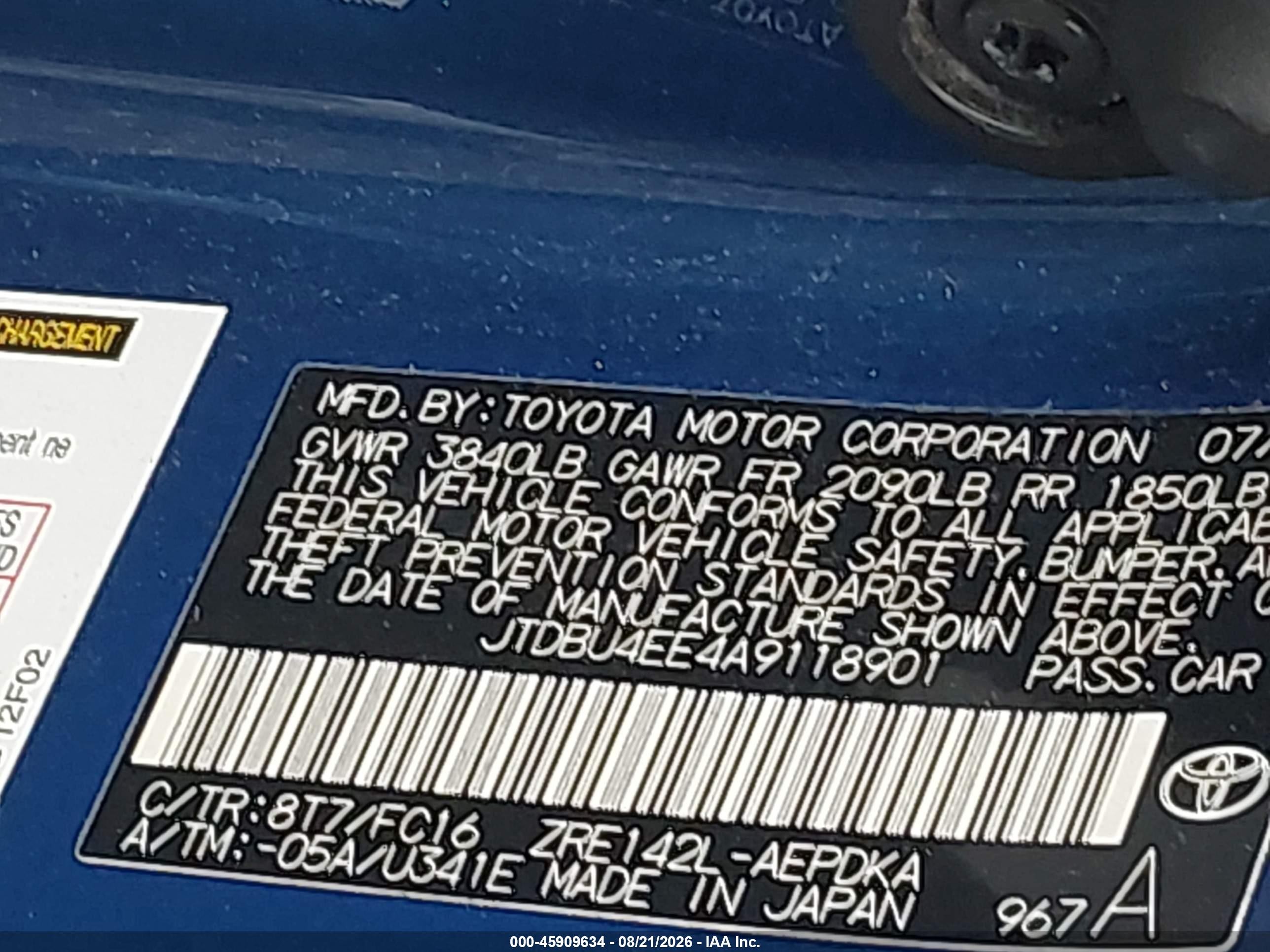 2010 Toyota Corolla Le Blue vin: JTDBU4EE4A9118901