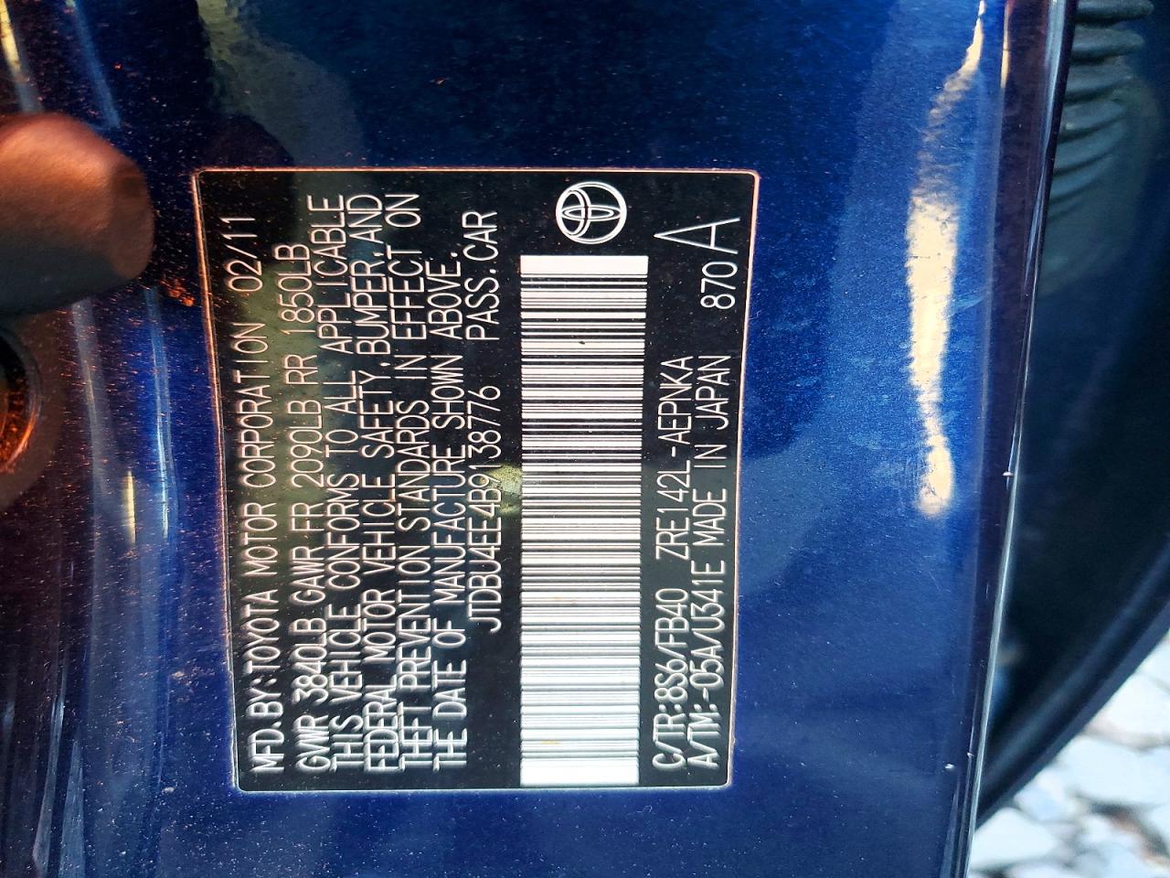 2011 Toyota Corolla Base Blue vin: JTDBU4EE4B9138776
