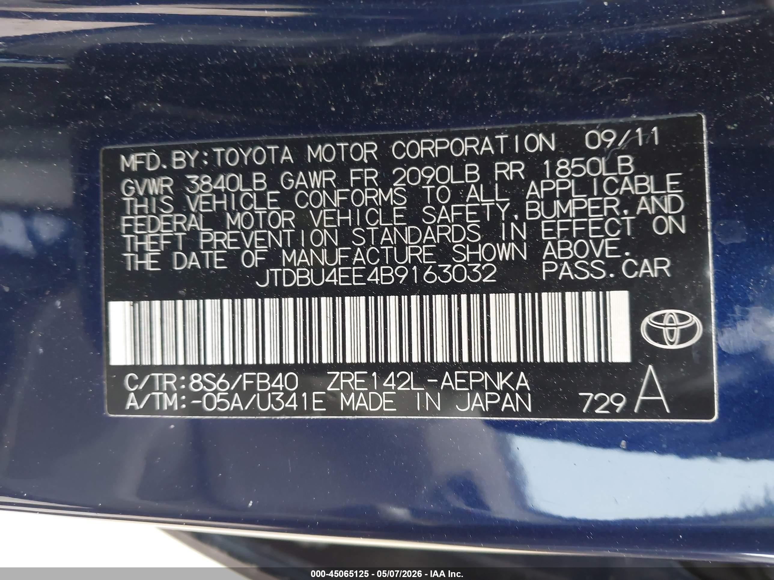 2011 Toyota Corolla Le Синий vin: JTDBU4EE4B9163032
