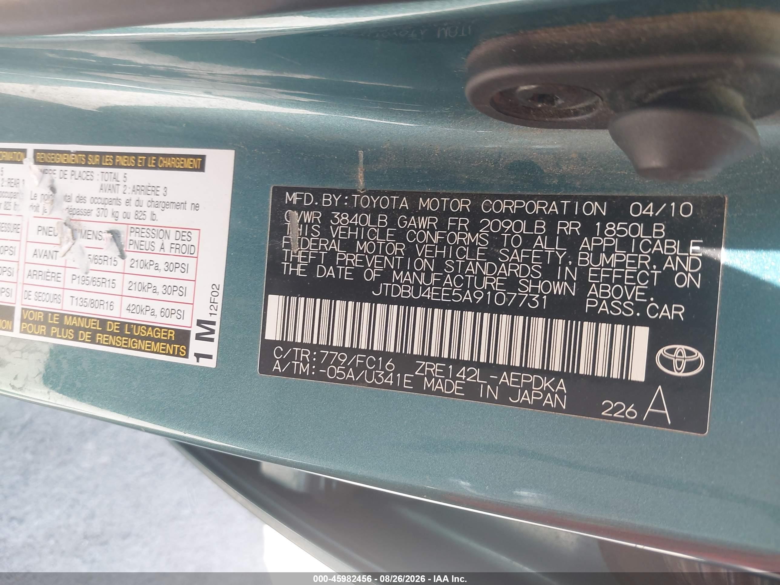 2010 Toyota Corolla Le Green vin: JTDBU4EE5A9107731