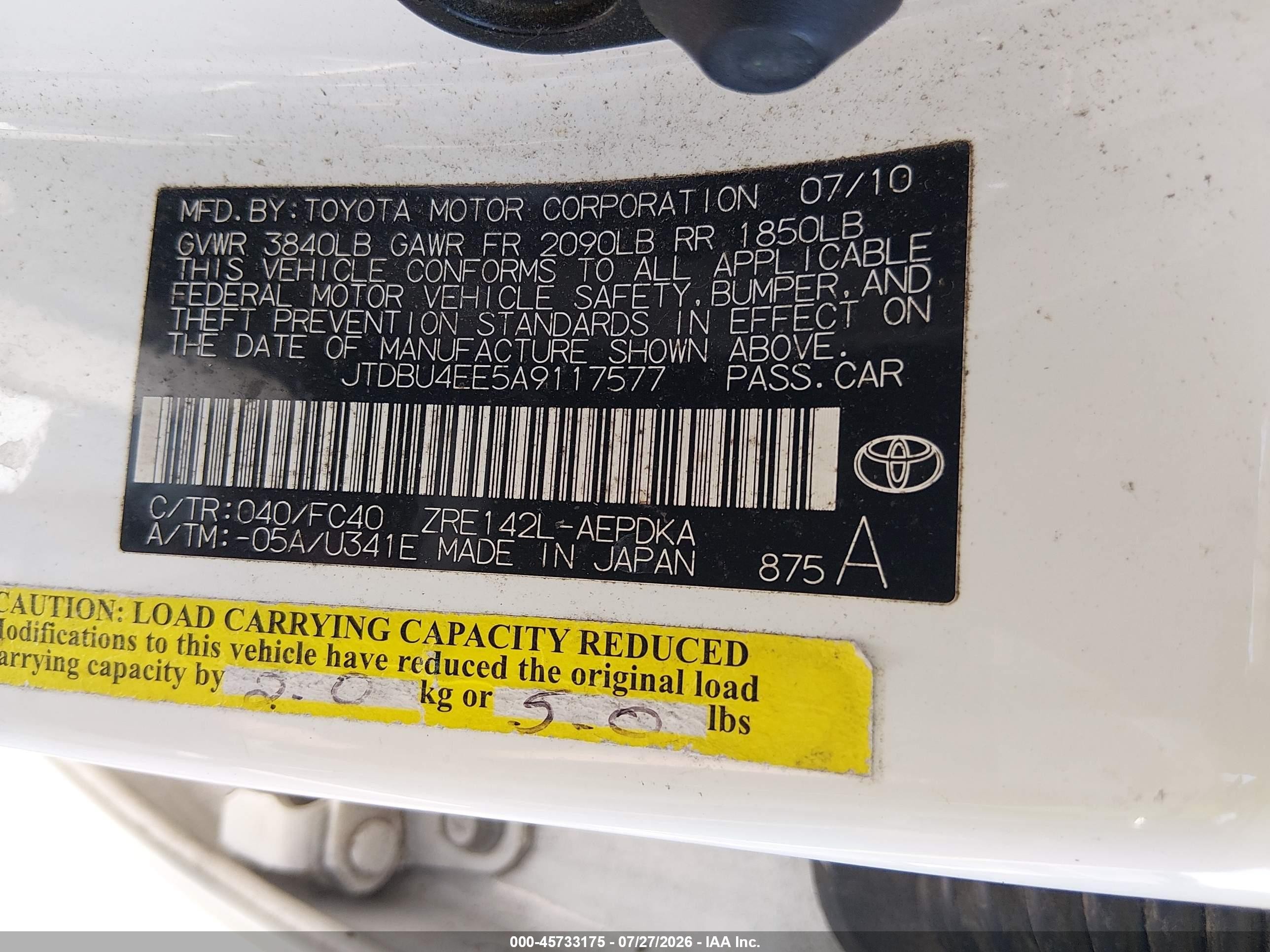 2010 Toyota Corolla Le White vin: JTDBU4EE5A9117577