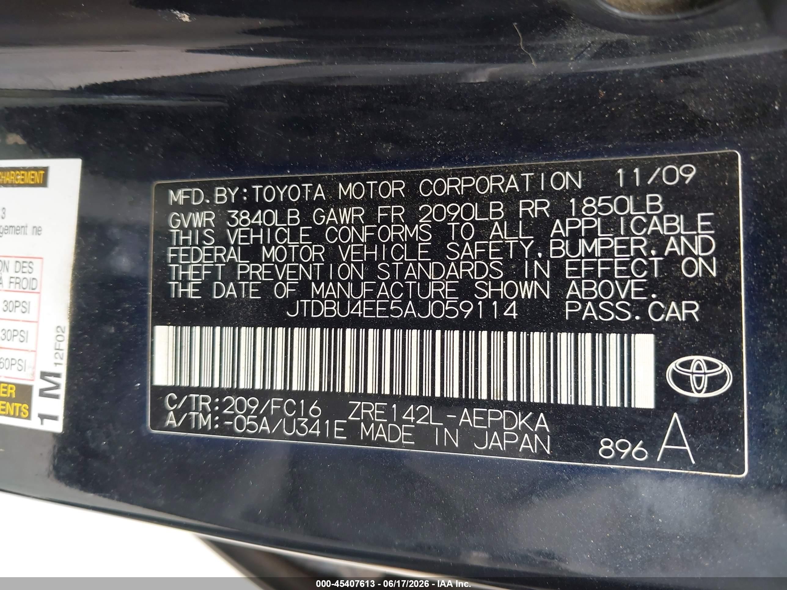 2010 Toyota Corolla Le Black vin: JTDBU4EE5AJ059114
