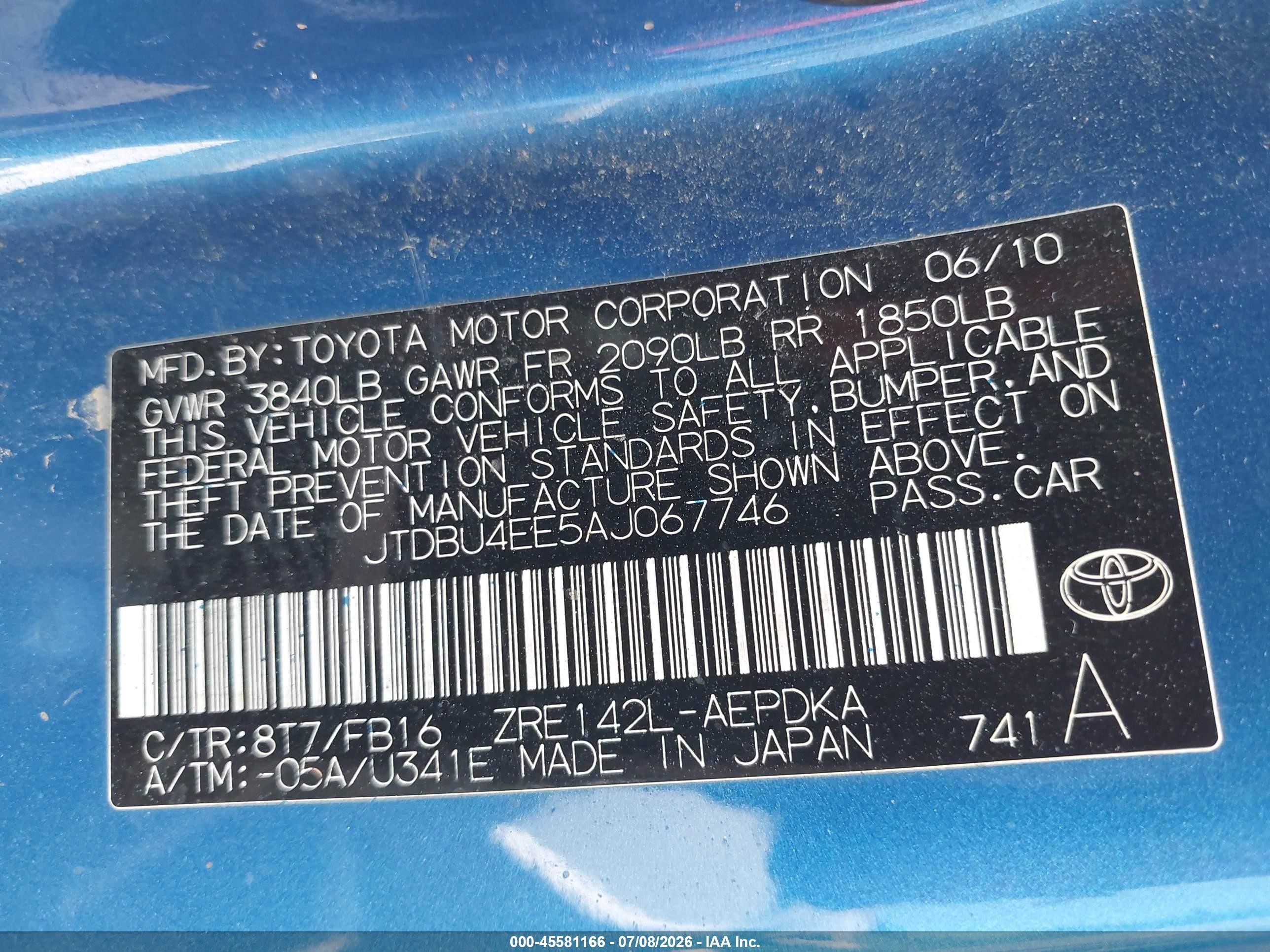 2010 Toyota Corolla   Blue vin: JTDBU4EE5AJ067746