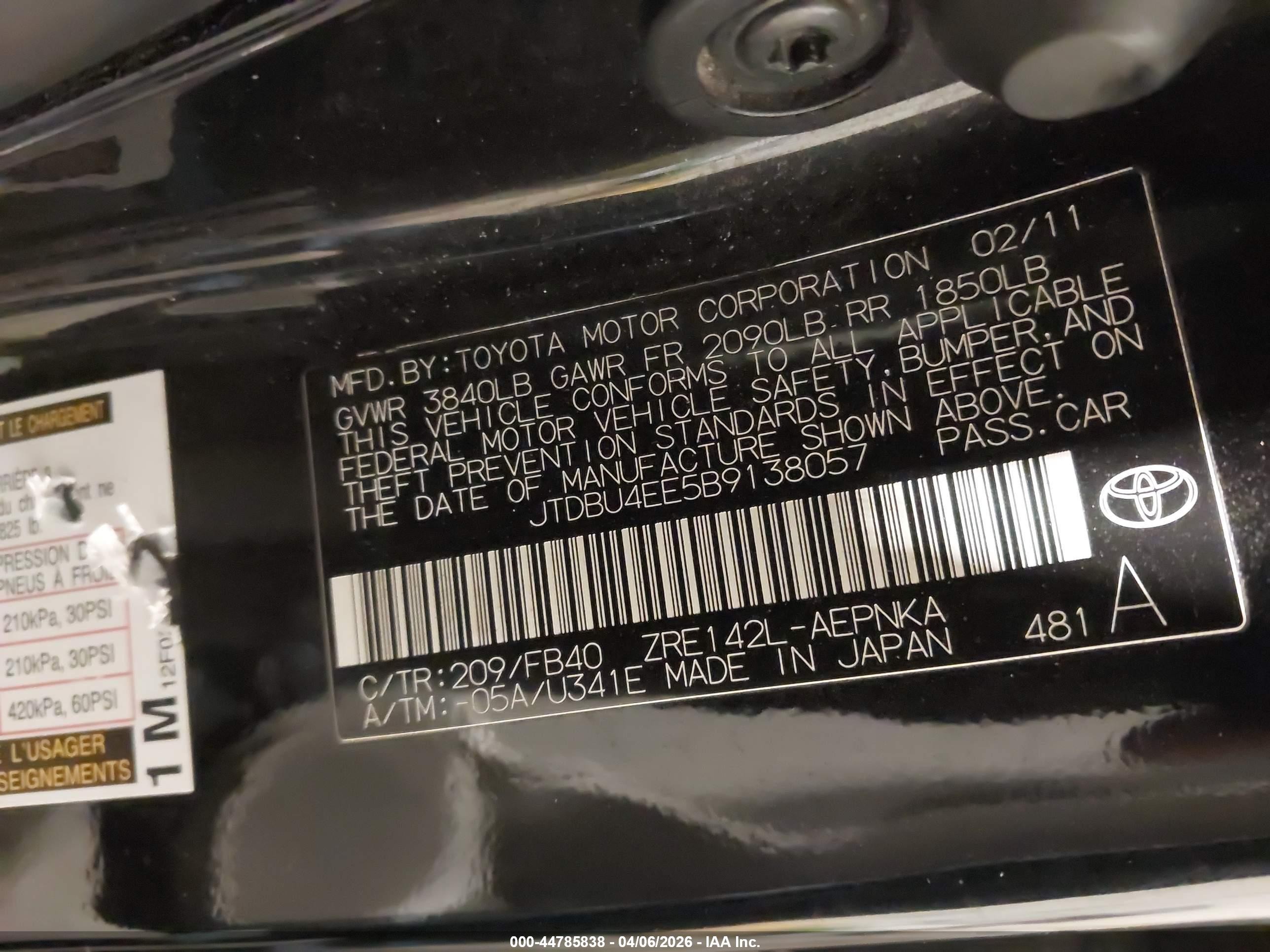 2011 Toyota Corolla Le Black vin: JTDBU4EE5B9138057