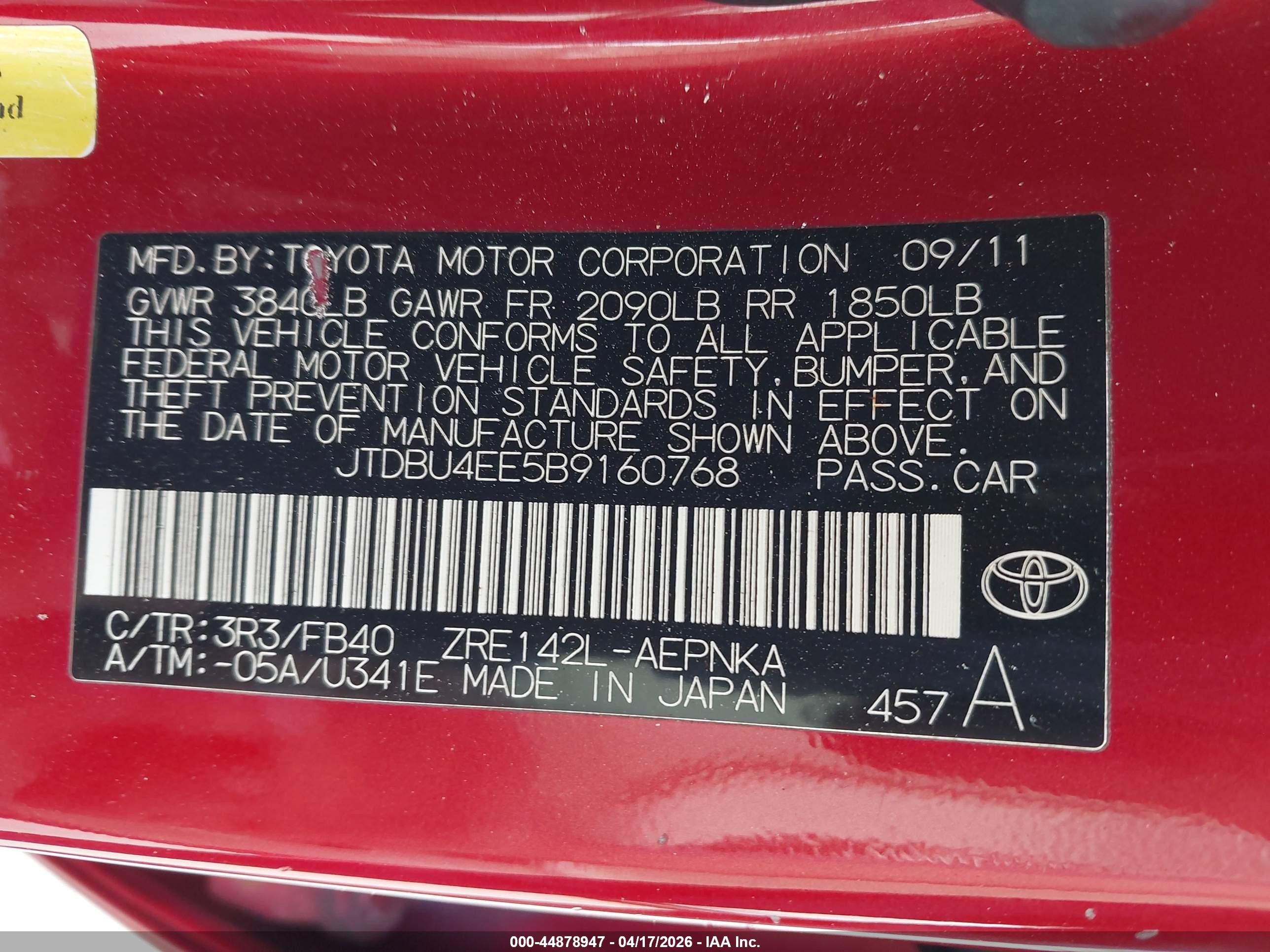 2011 Toyota Corolla Le Red vin: JTDBU4EE5B9160768