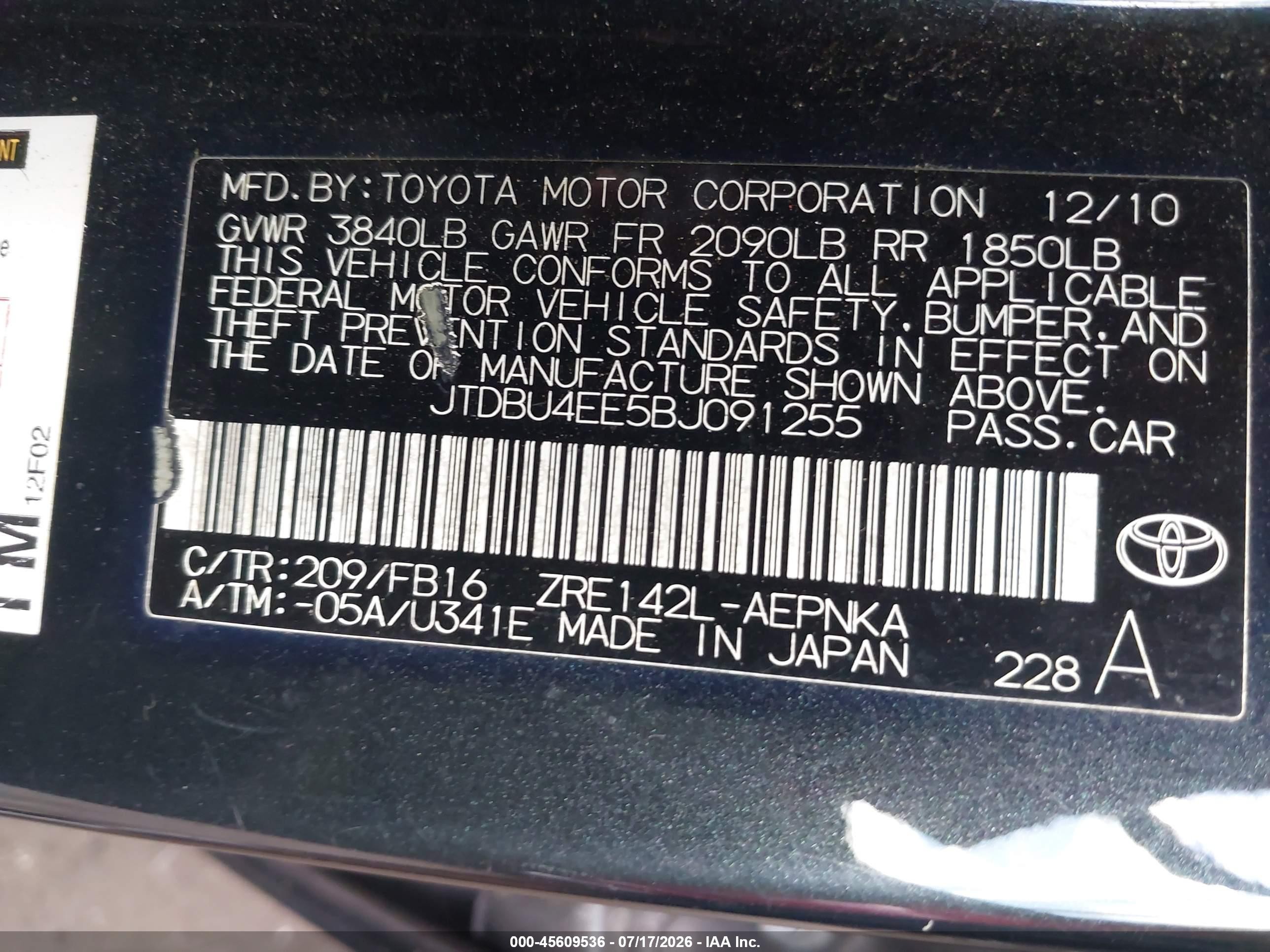 2011 Toyota Corolla Le Black vin: JTDBU4EE5BJ091255