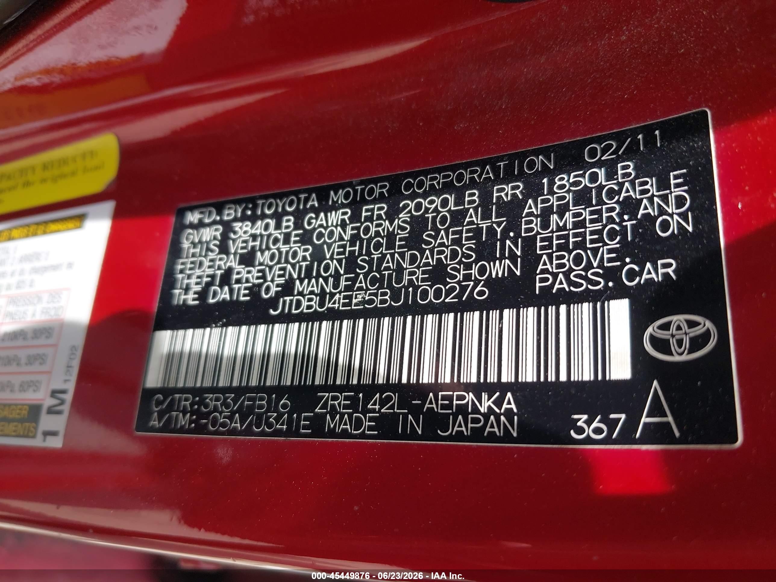 2011 Toyota Corolla Le Red vin: JTDBU4EE5BJ100276