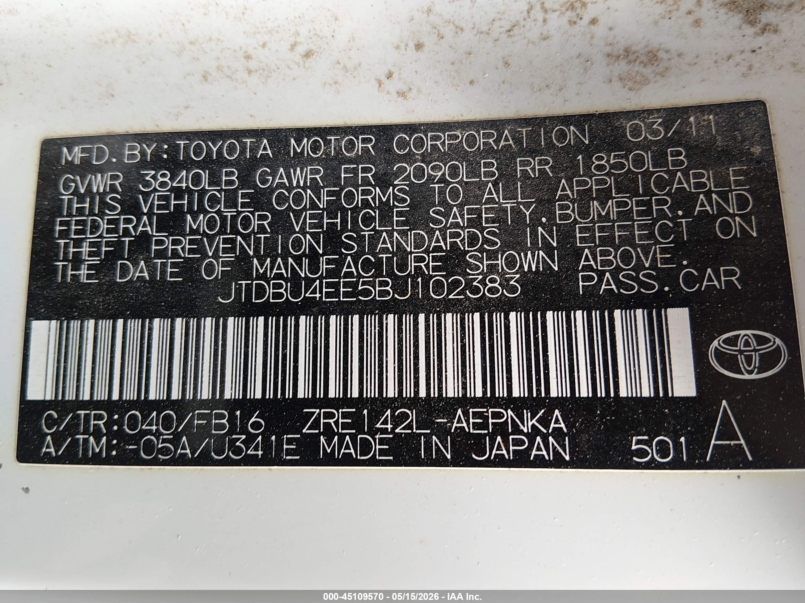 2011 Toyota Corolla Le Белый vin: JTDBU4EE5BJ102383