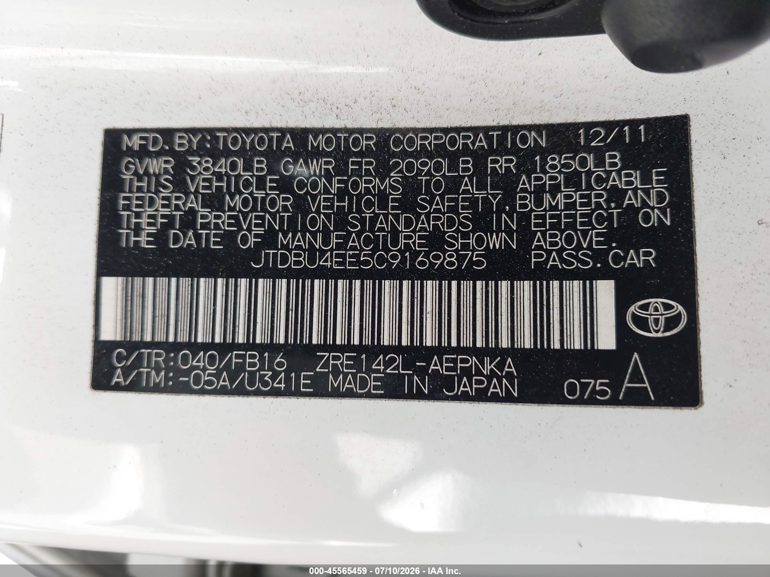 2012 Toyota Corolla Le White vin: JTDBU4EE5C9169875